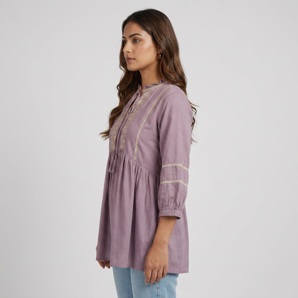 Embroidered W-Cut Tie-Up Neck Tunic