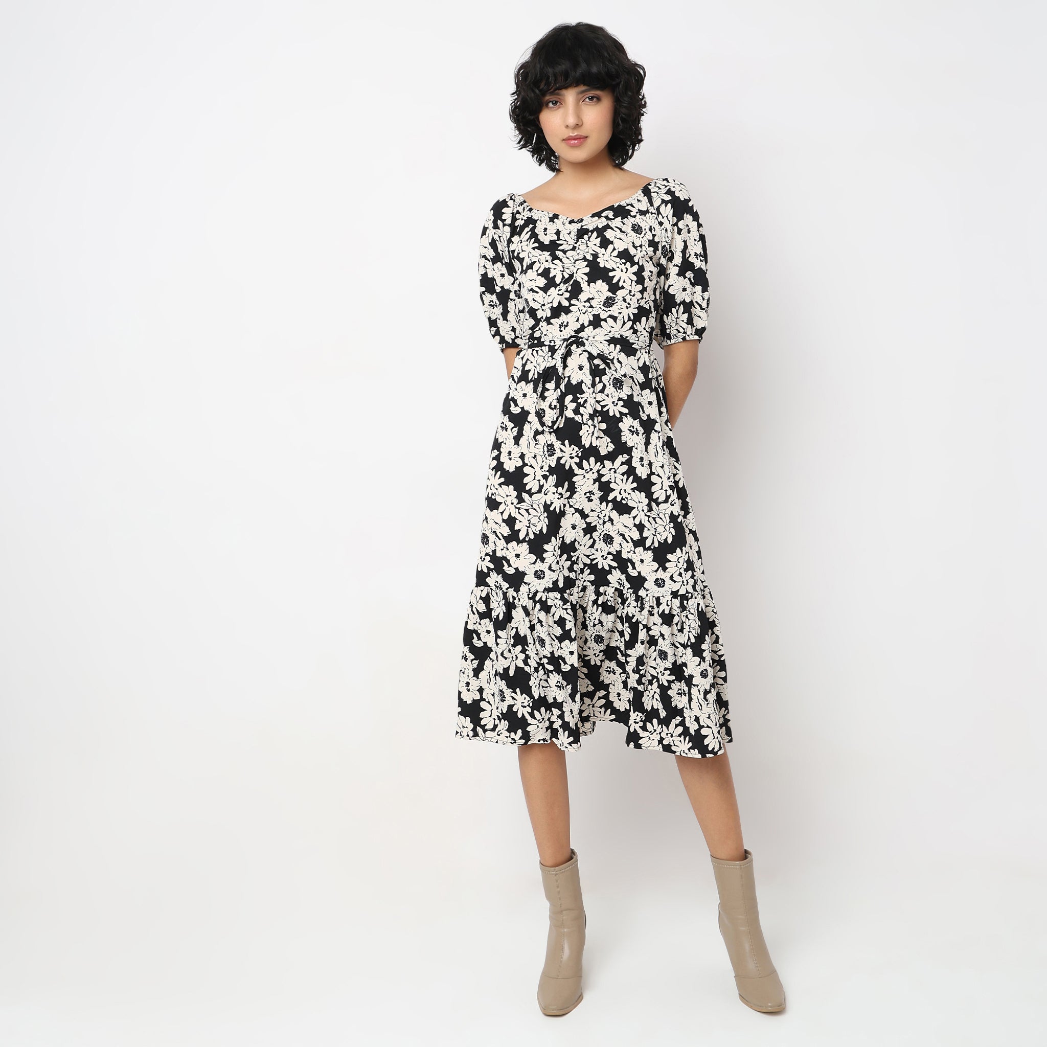 Floral diagonal check flare dress グレー Flare Fit Floral Dress