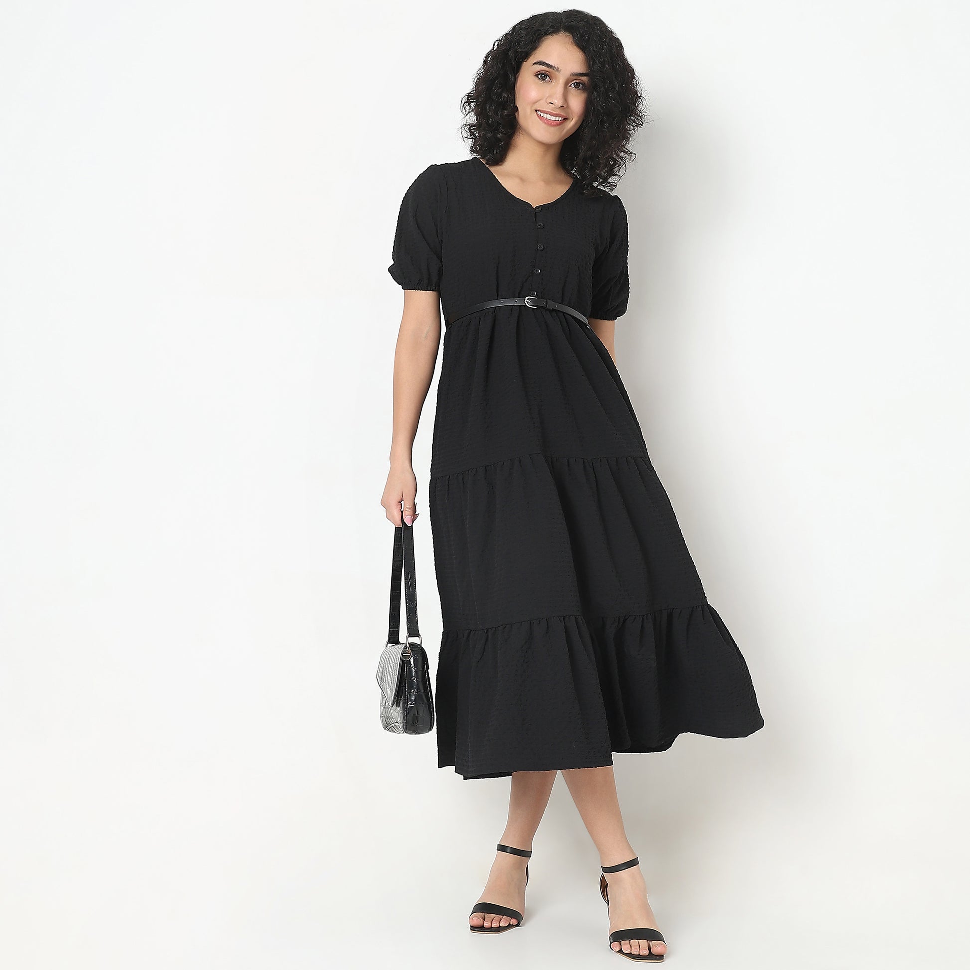 Flare Fit Structured Round Neck Dress