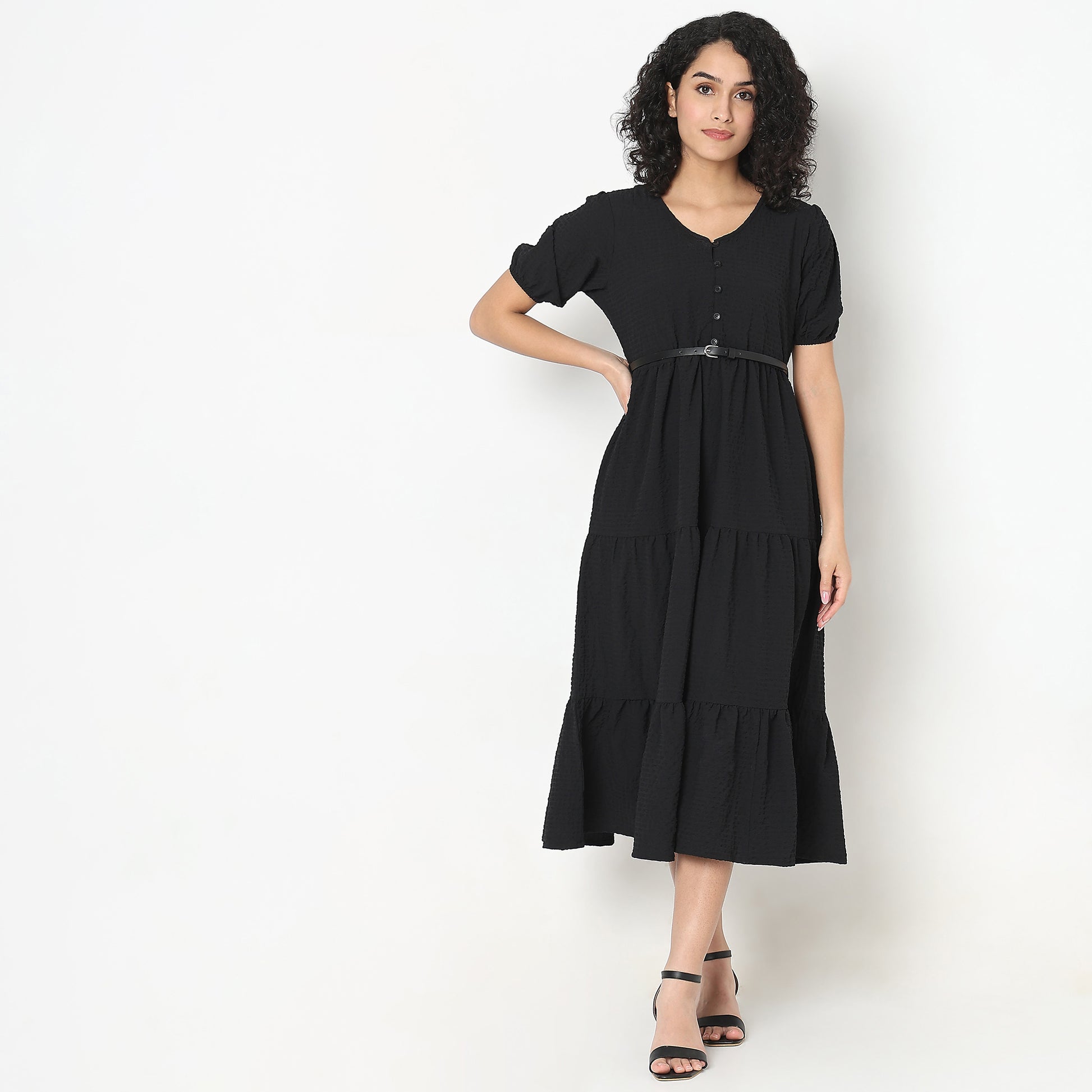 Flare Fit Structured Round Neck Dress