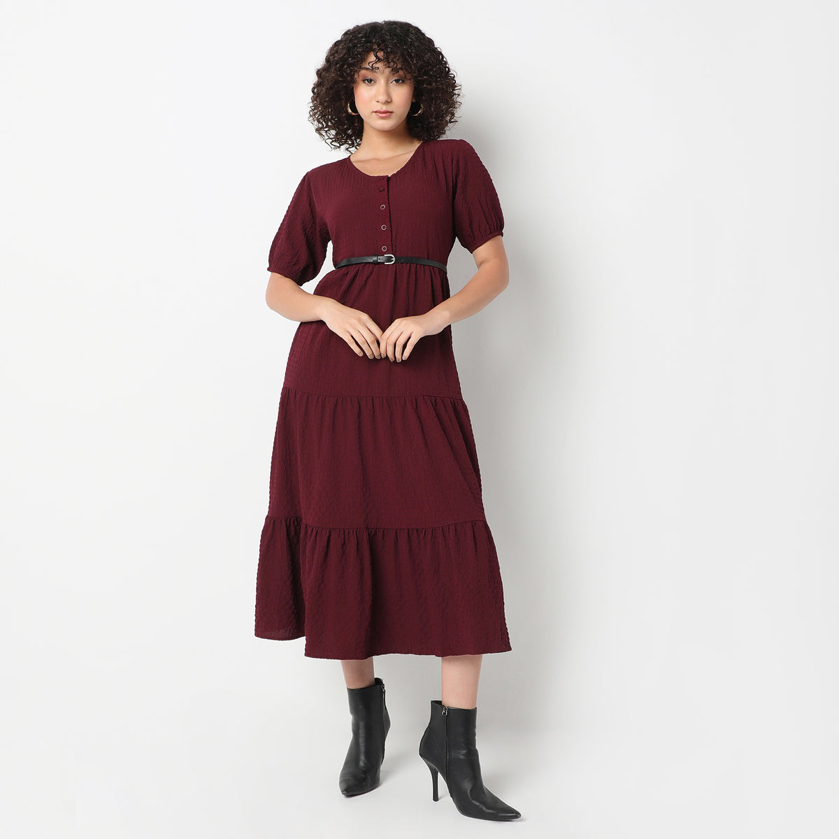 Flare Fit Structured Round Neck Dress