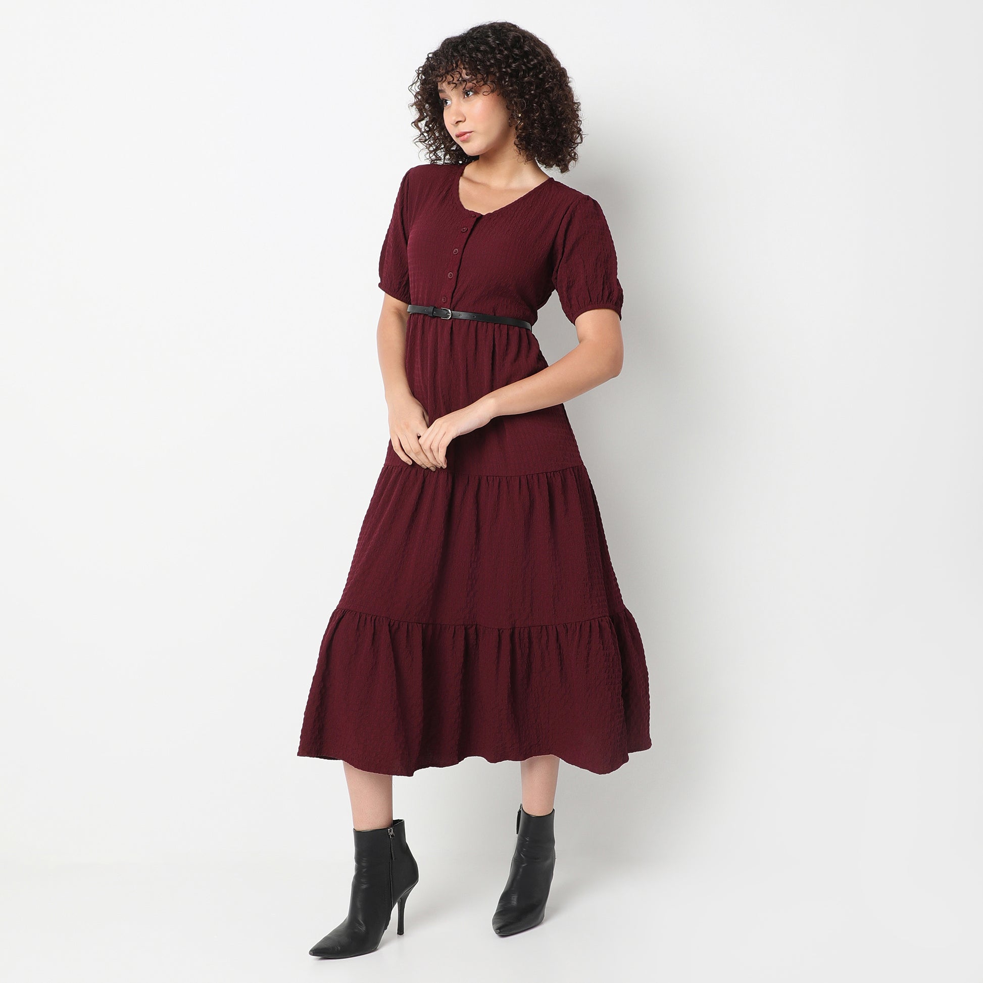 Flare Fit Structured Round Neck Dress