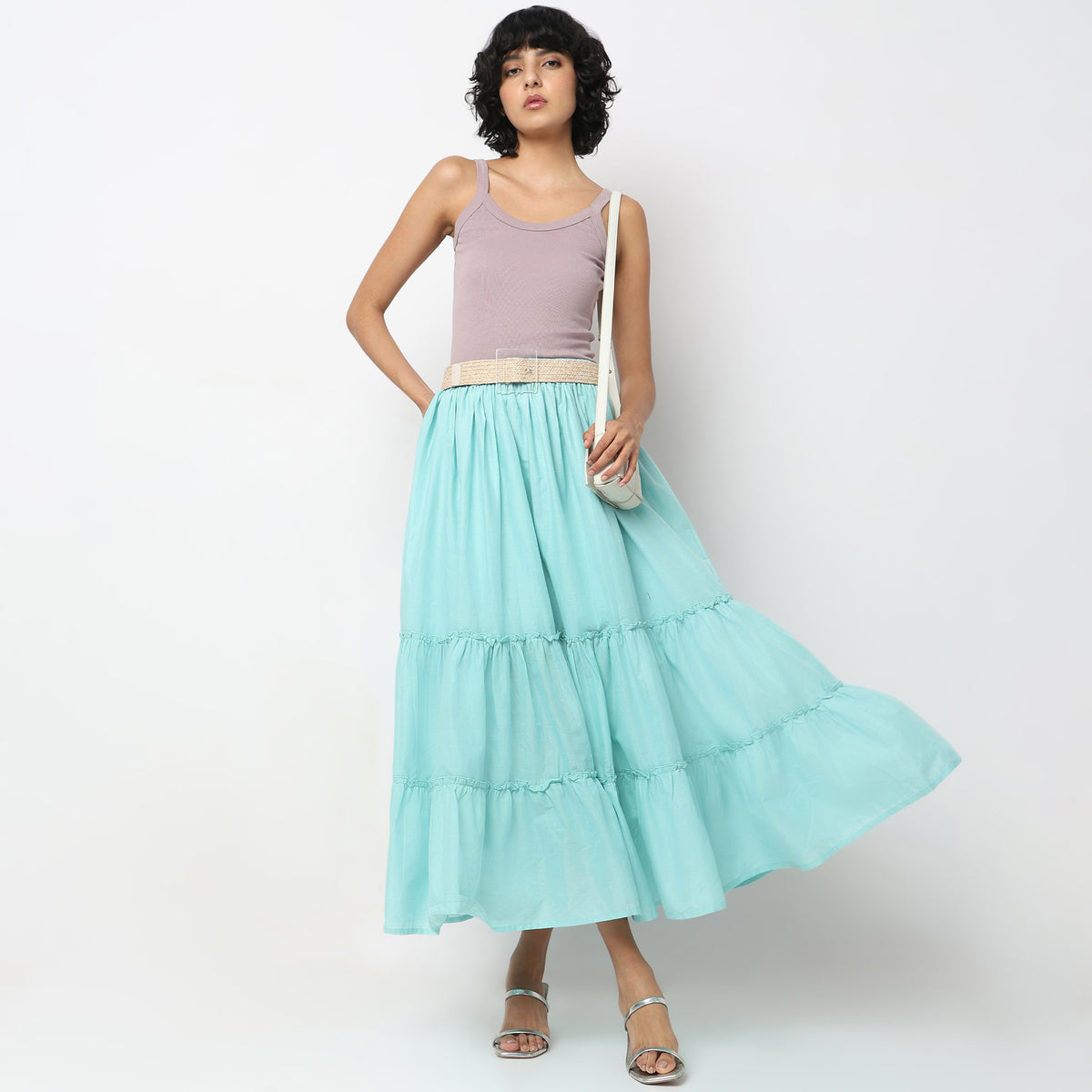 Flare Fit Solid Mid Rise Skirts