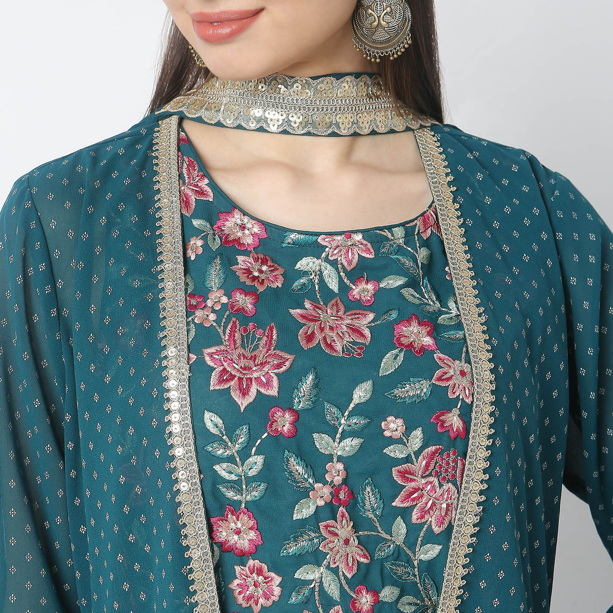 Flare Fit Embroidered Top with Palazzo & Shrug Set