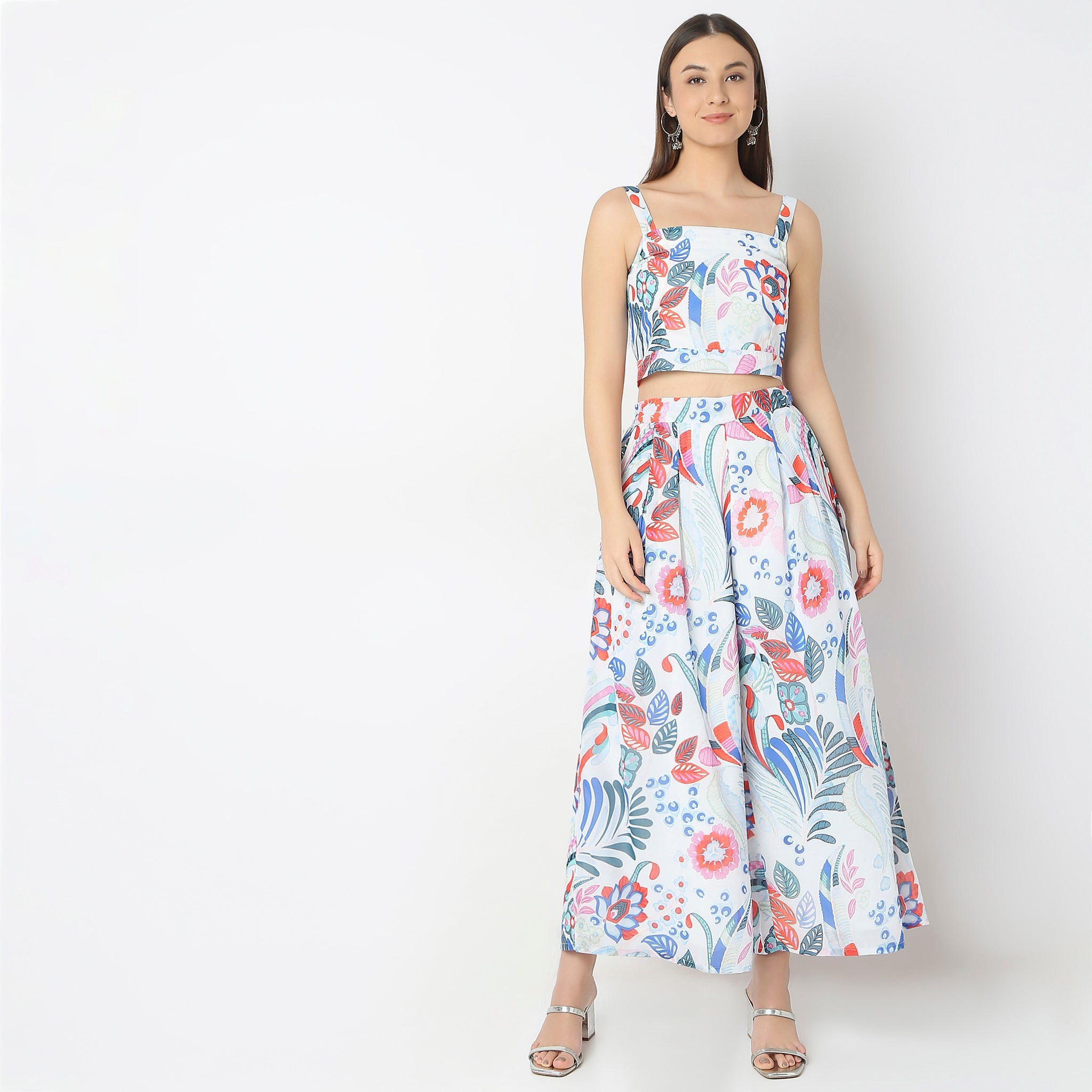 Flare Fit Printed Top with Palazzo & with Shrug Set