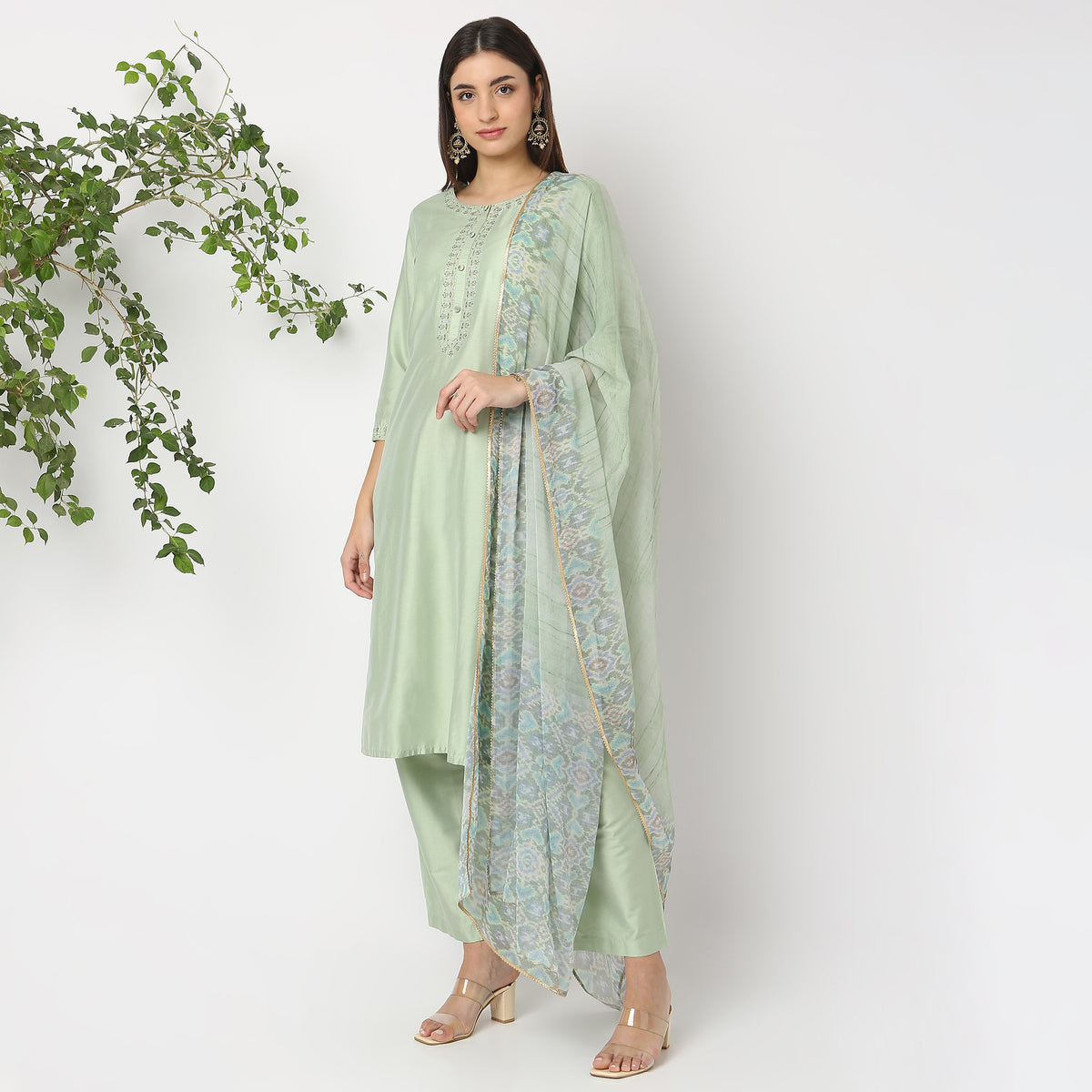 Regular Fit Embroidered Kurta and Pant with Dupatta Set