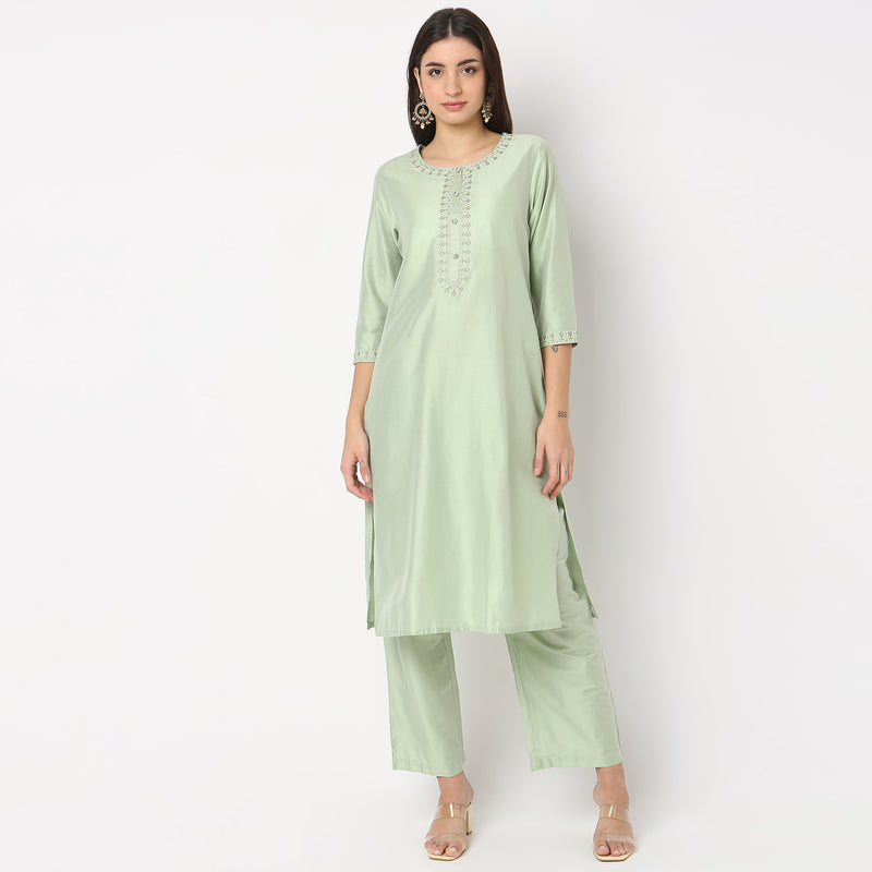 Regular Fit Embroidered Kurta and Pant with Dupatta Set