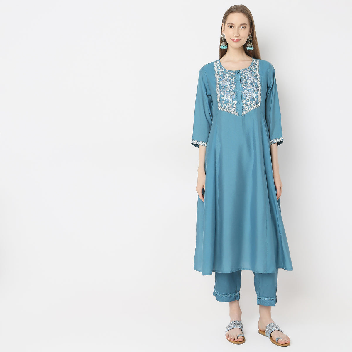 Regular Fit Embroidered Kurta with Pant & with Dupatta Set