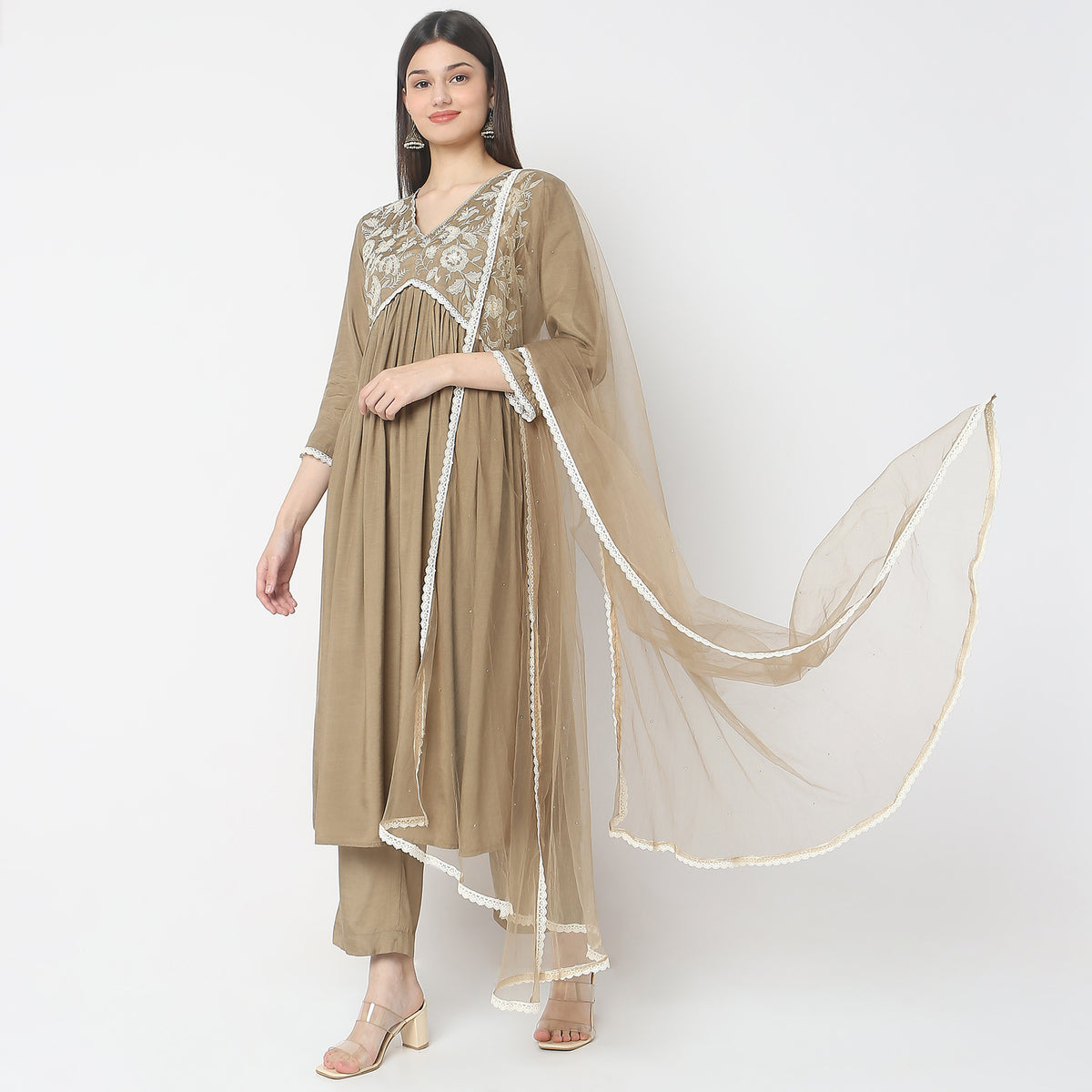 Flare Fit Embroidered Kurta Salwar with Dupatta Set