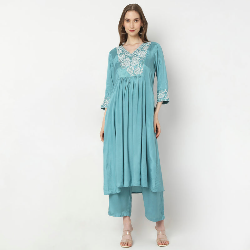 Flare Fit Embroidered Kurta with Pant Set