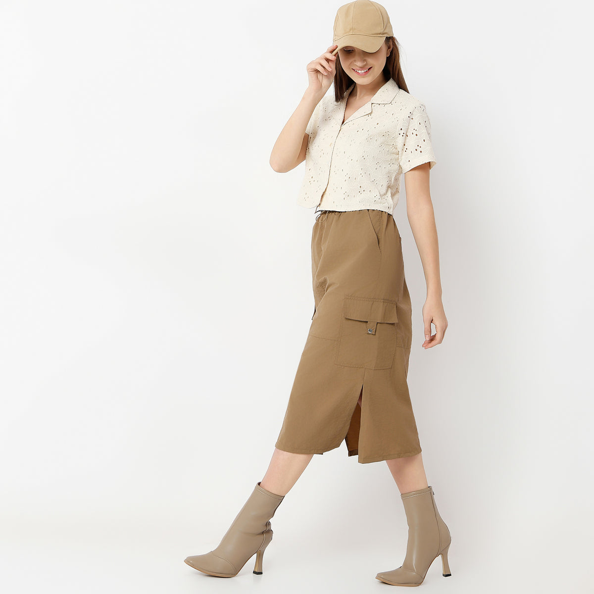 Regular Fit Solid Calf Length Mid Rise Skirt