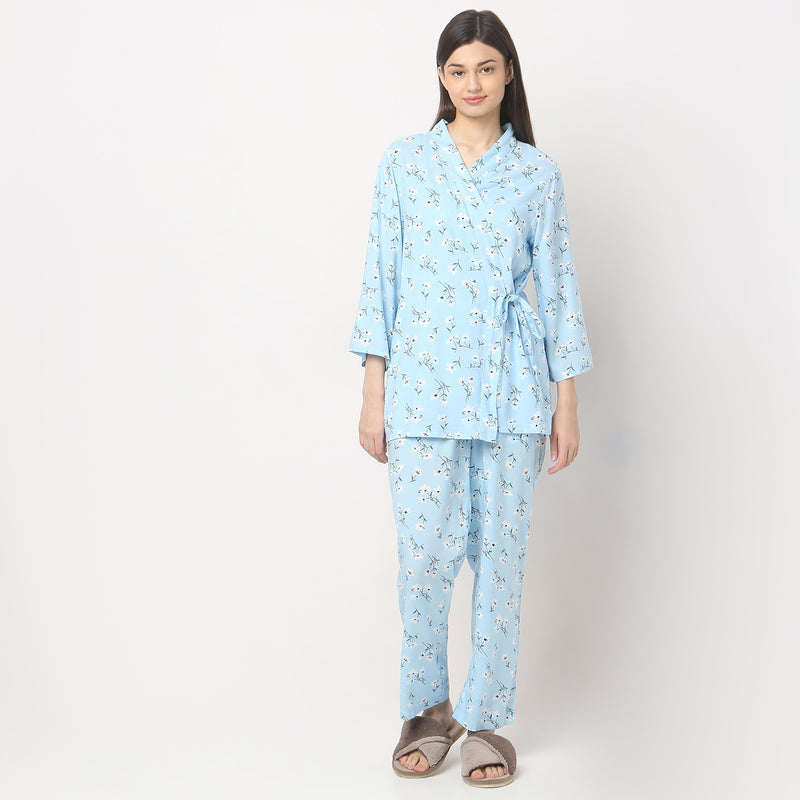 Regular Fit Printed Slip and Pyjama with Shrug Set