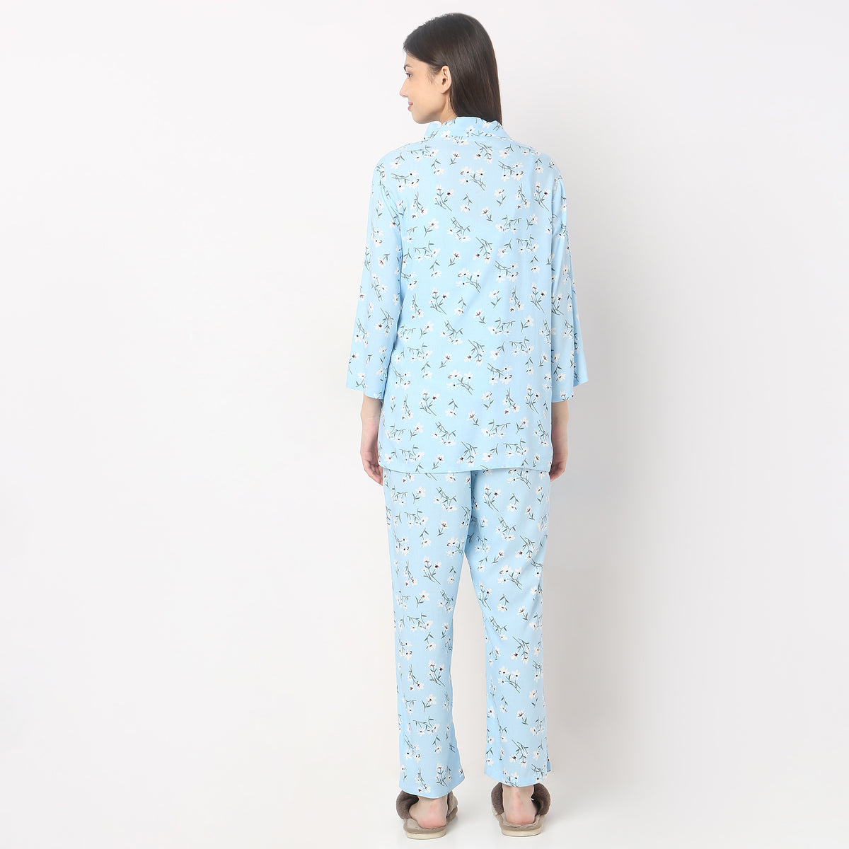 Regular Fit Printed Slip and Pyjama with Shrug Set