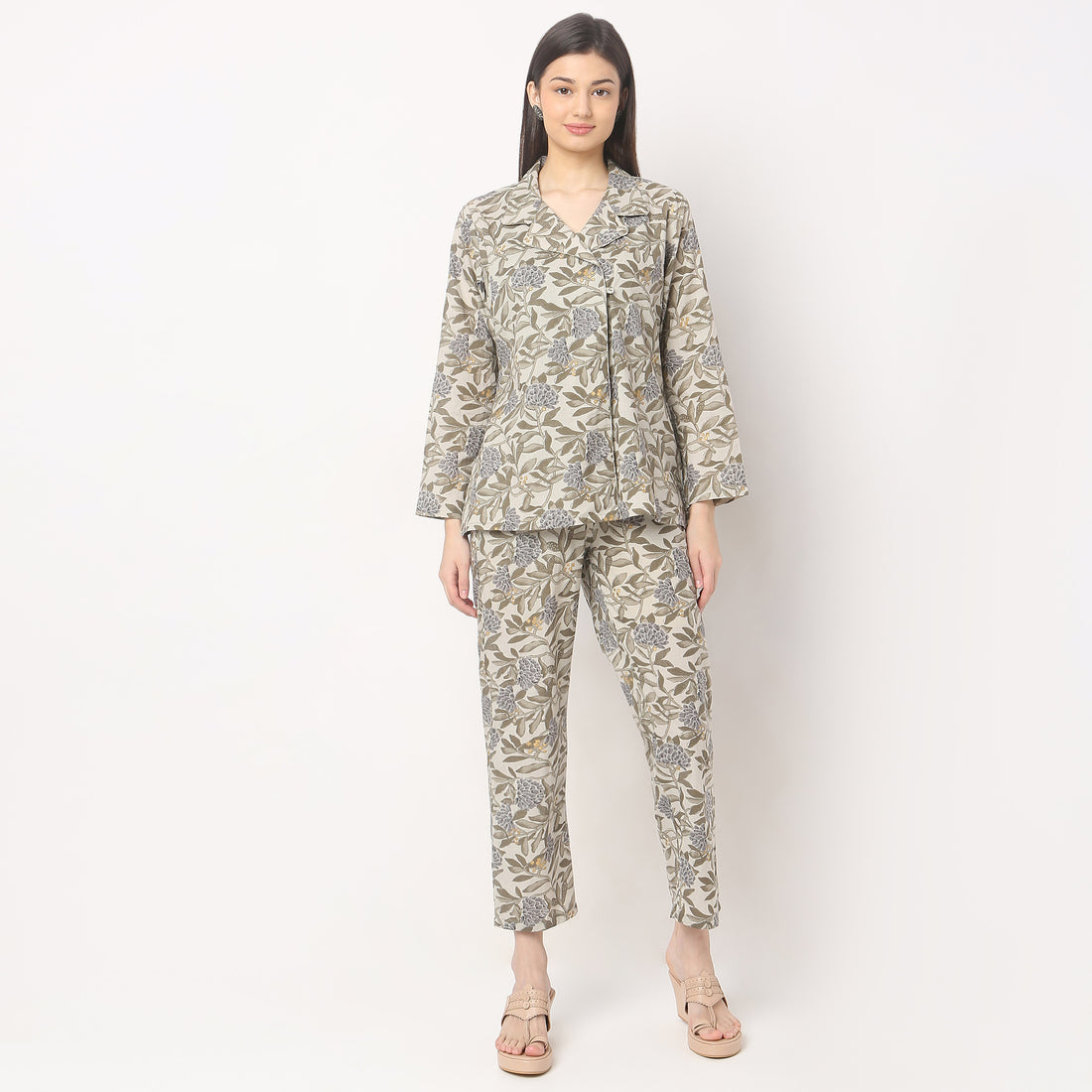 Regular Fit Printed Slip and Pyjama with Shrug Set