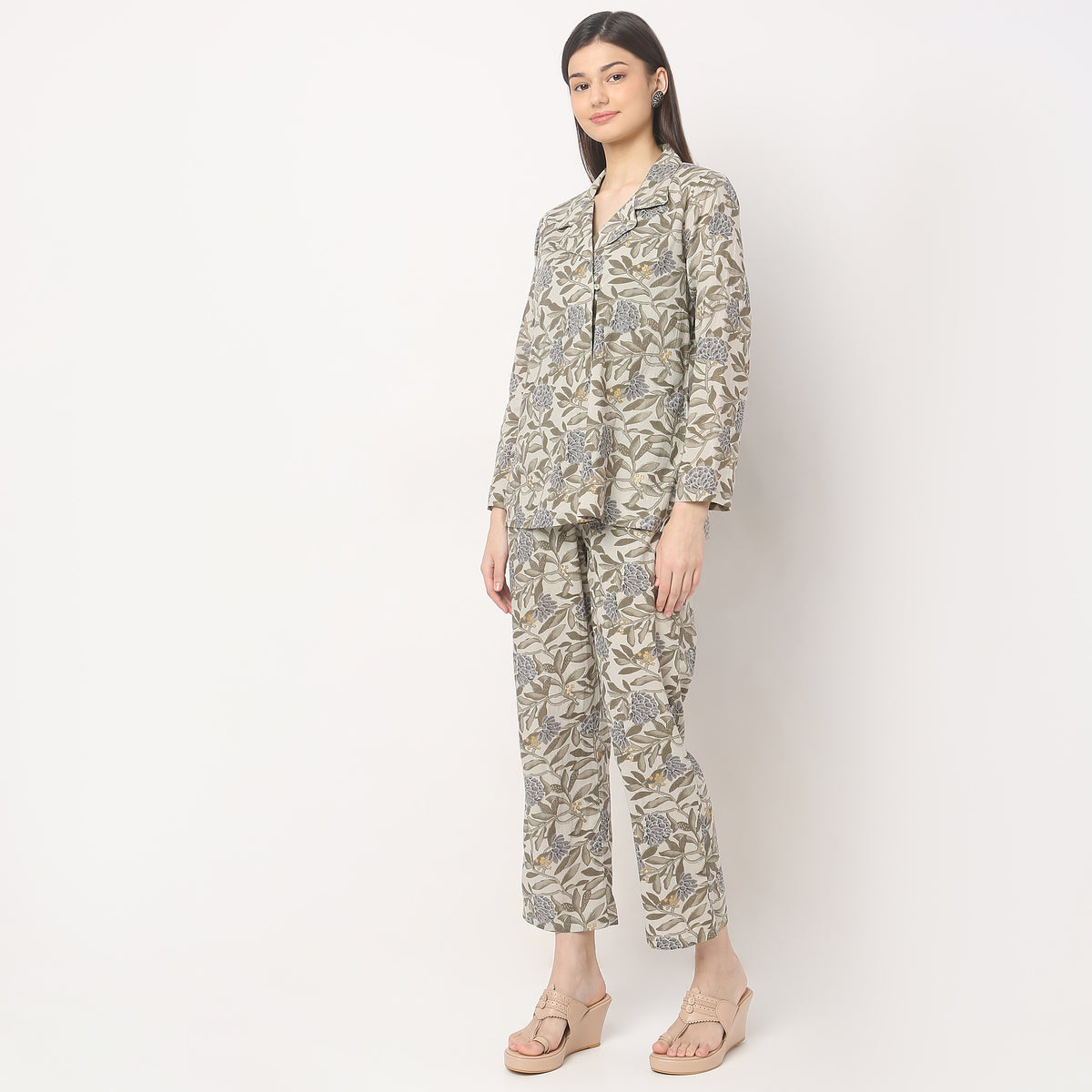 Regular Fit Printed Slip and Pyjama with Shrug Set