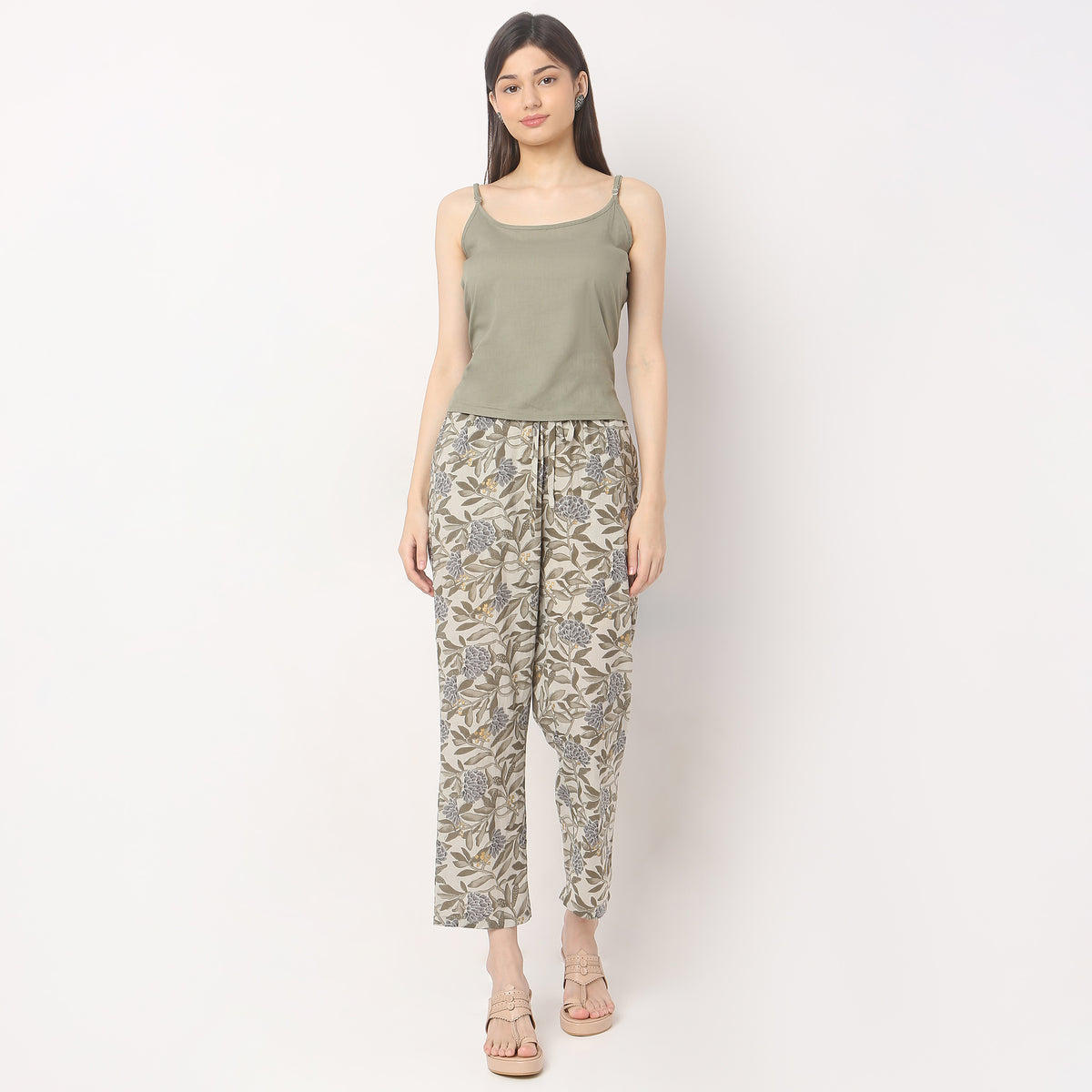 Regular Fit Printed Slip and Pyjama with Shrug Set