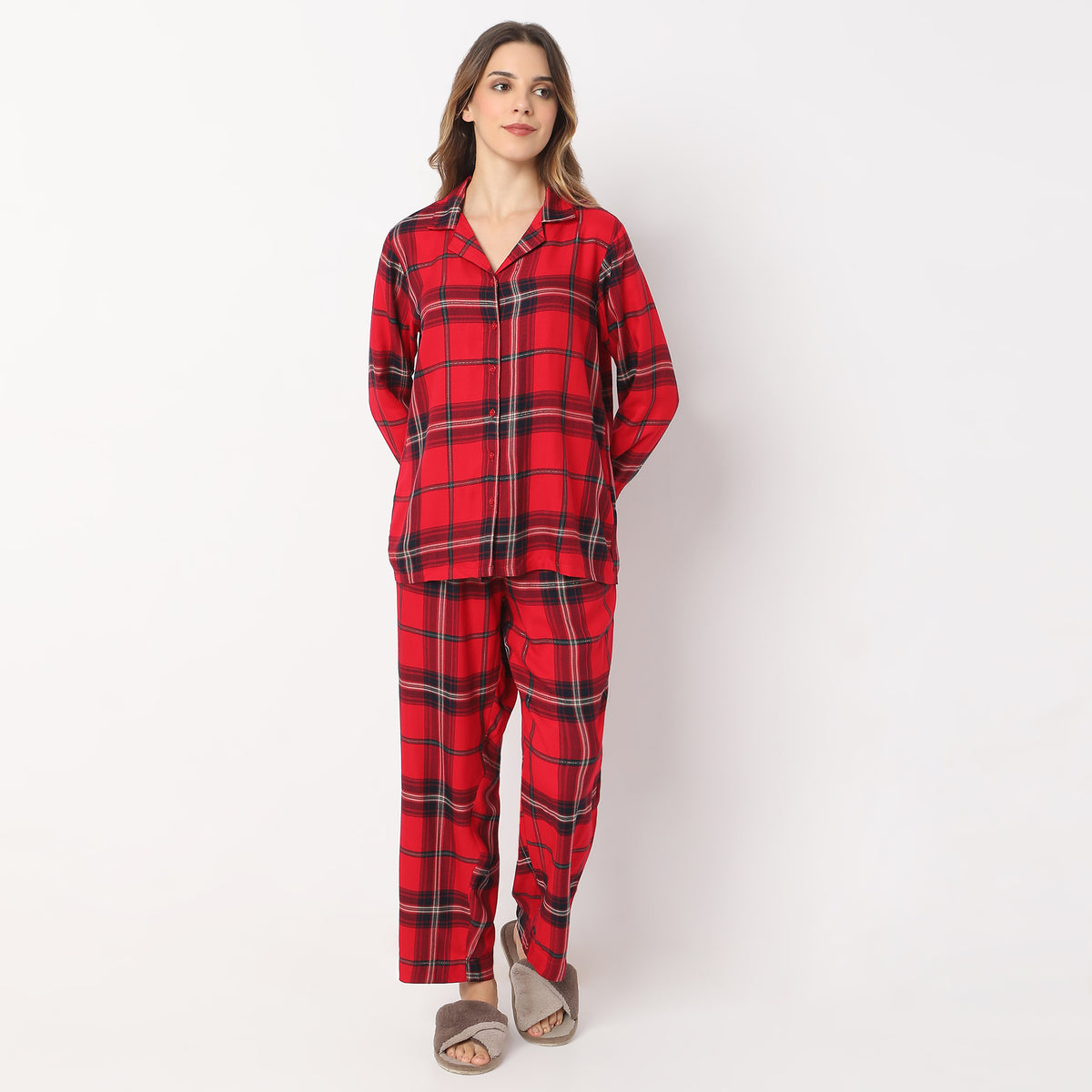 Checkered Full Length Lapel Collar Shirt with Pyjama Set