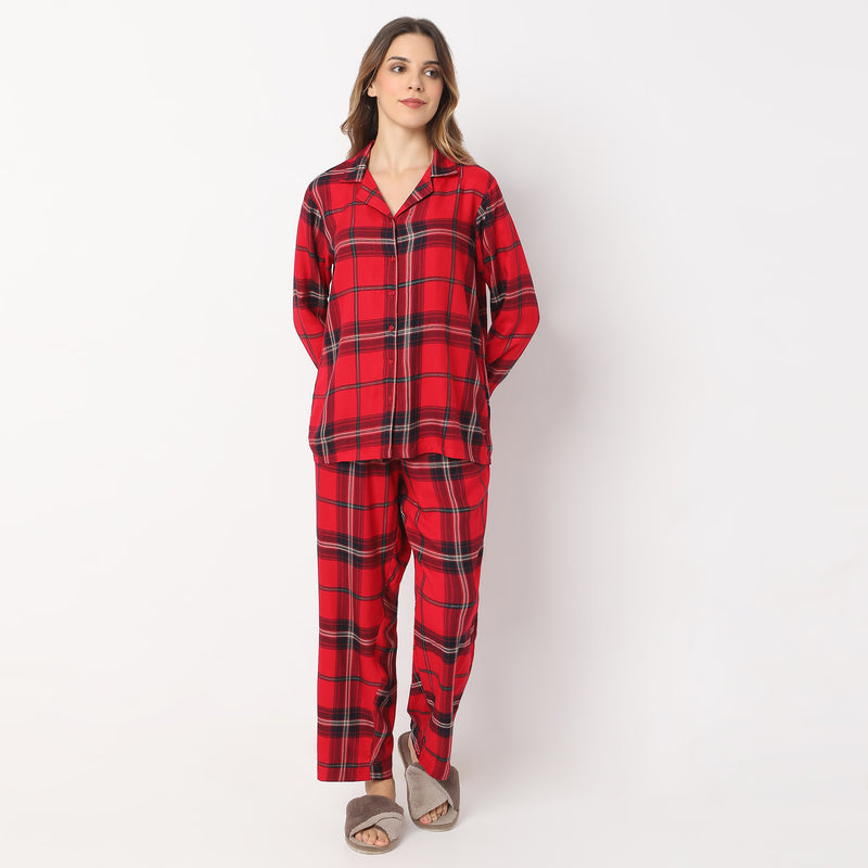 Checkered Full Length Lapel Collar Shirt with Pyjama Set