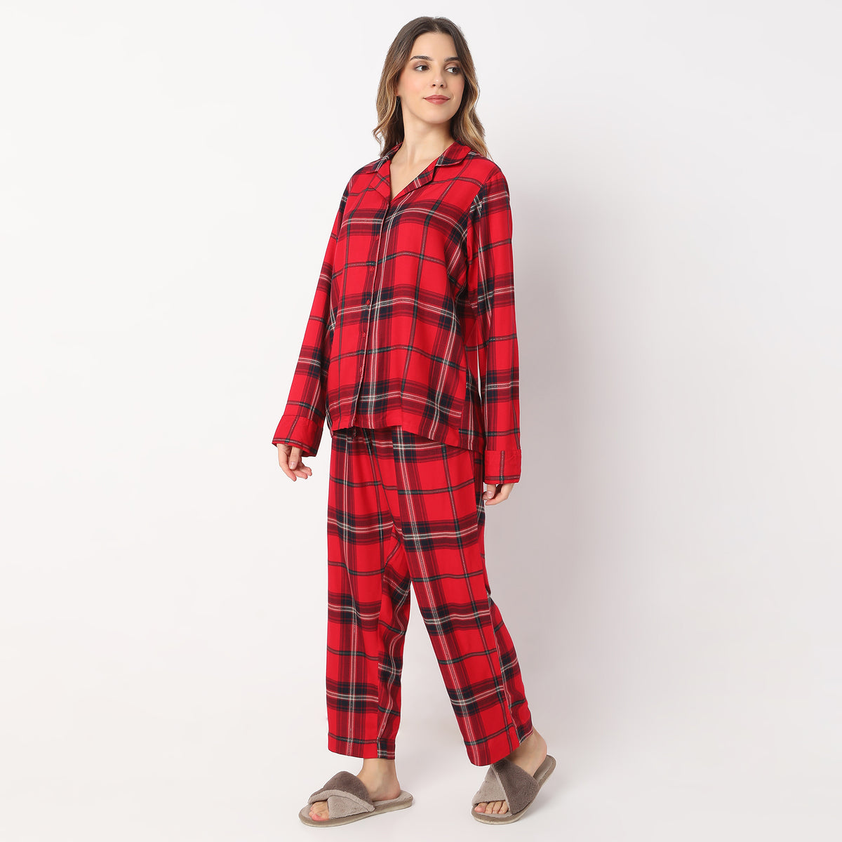 Checkered Full Length Lapel Collar Shirt with Pyjama Set