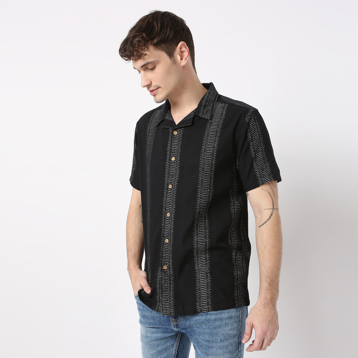 Jacquard Short Length Camp Collar Half Sleeve Shirt