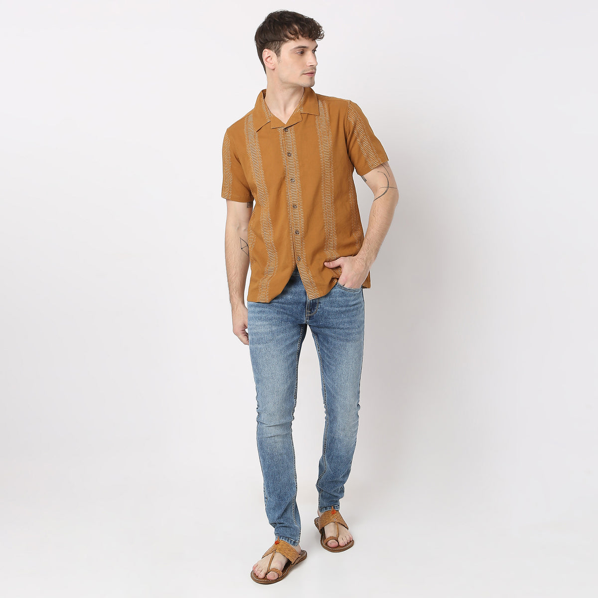 Jacquard Short Length Camp Collar Half Sleeve Shirt