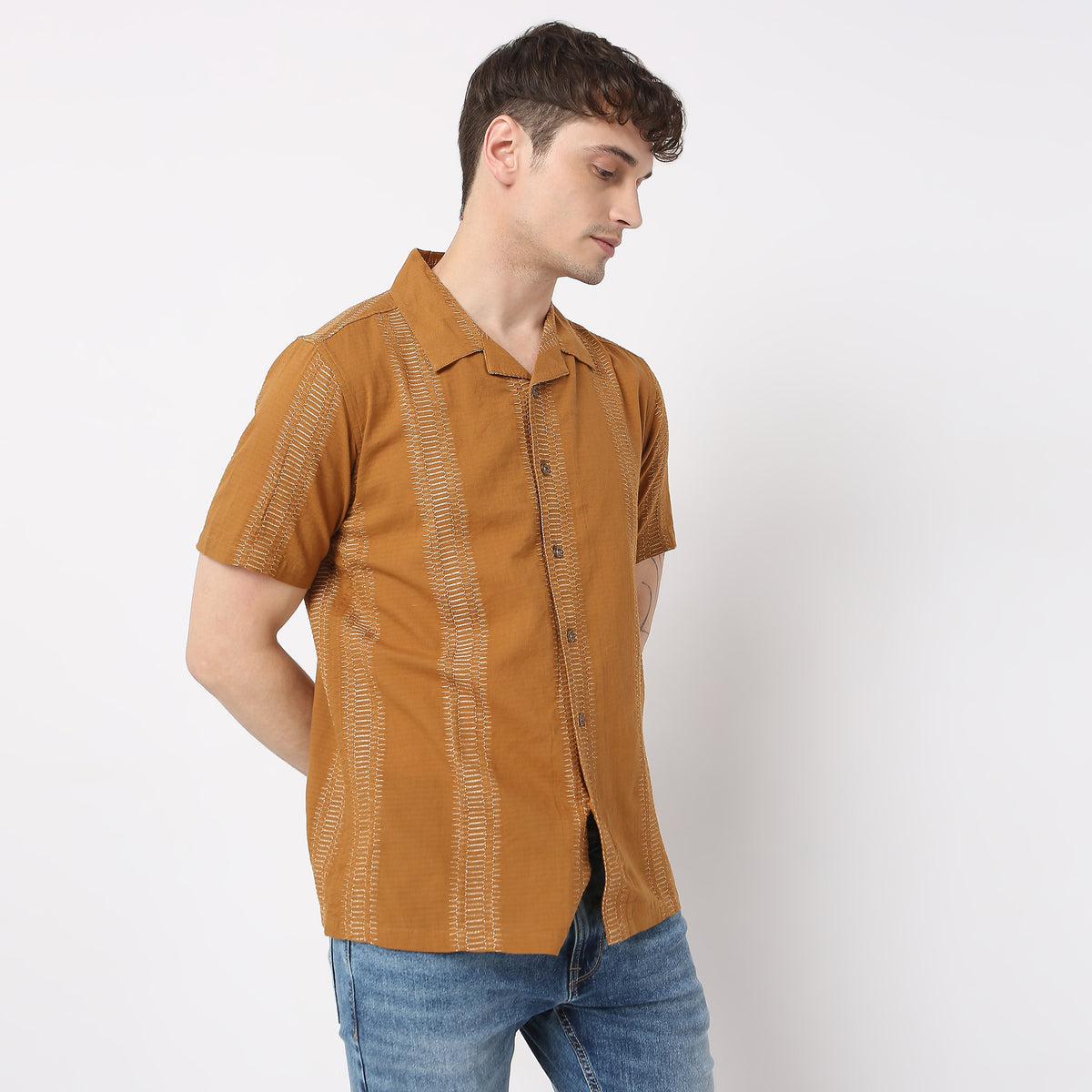 Jacquard Short Length Camp Collar Half Sleeve Shirt