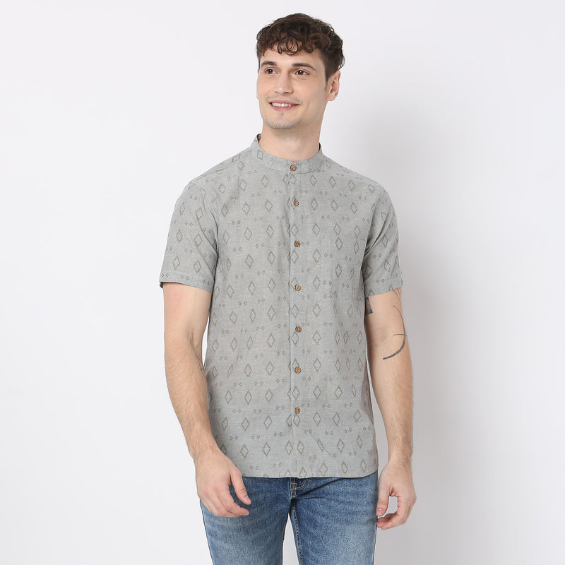 Yard Dyed Printed Mandarin Collar Half Sleeve Shirt