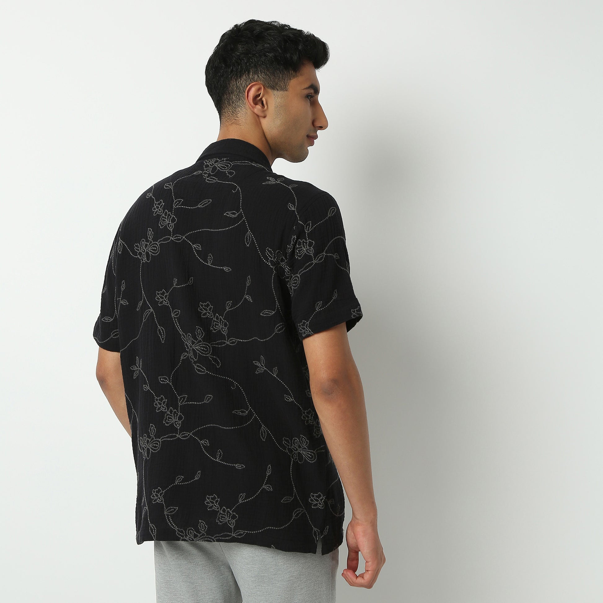 Relaxed Fit Embroidered Camp Collar Shirt