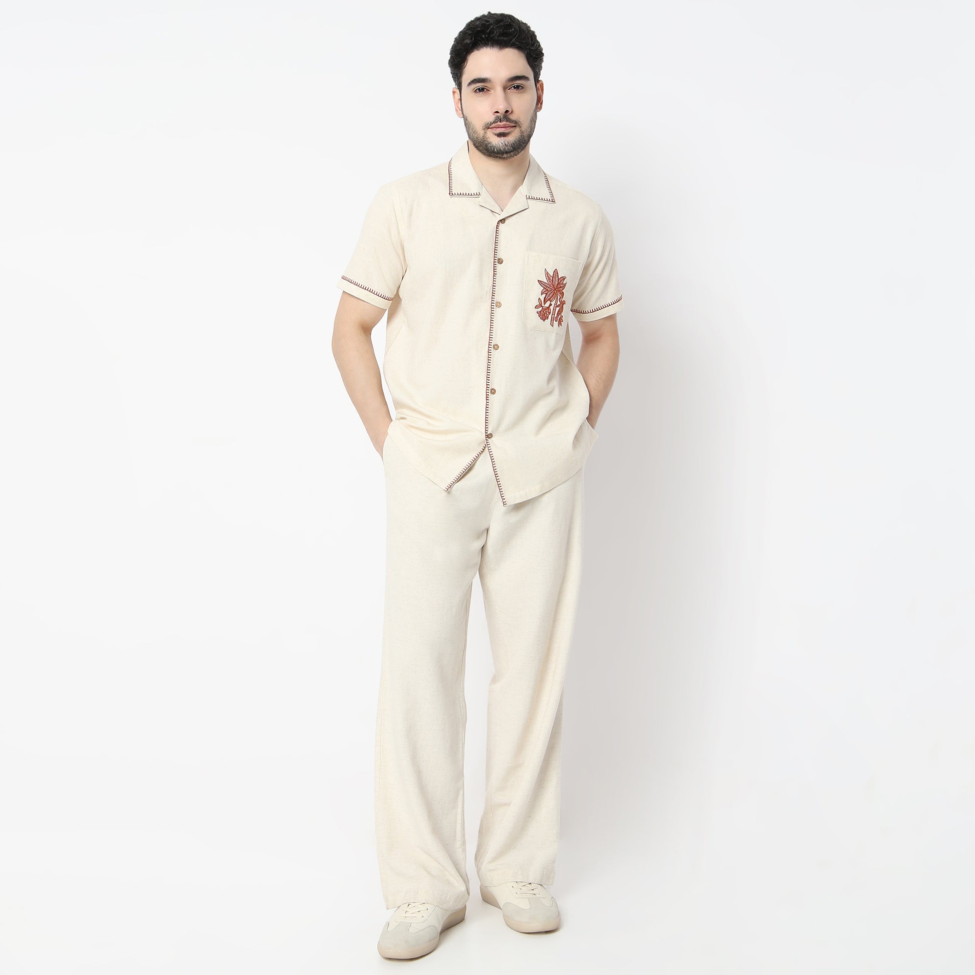 Relaxed Fit Embroidered Camp Collar Shirt