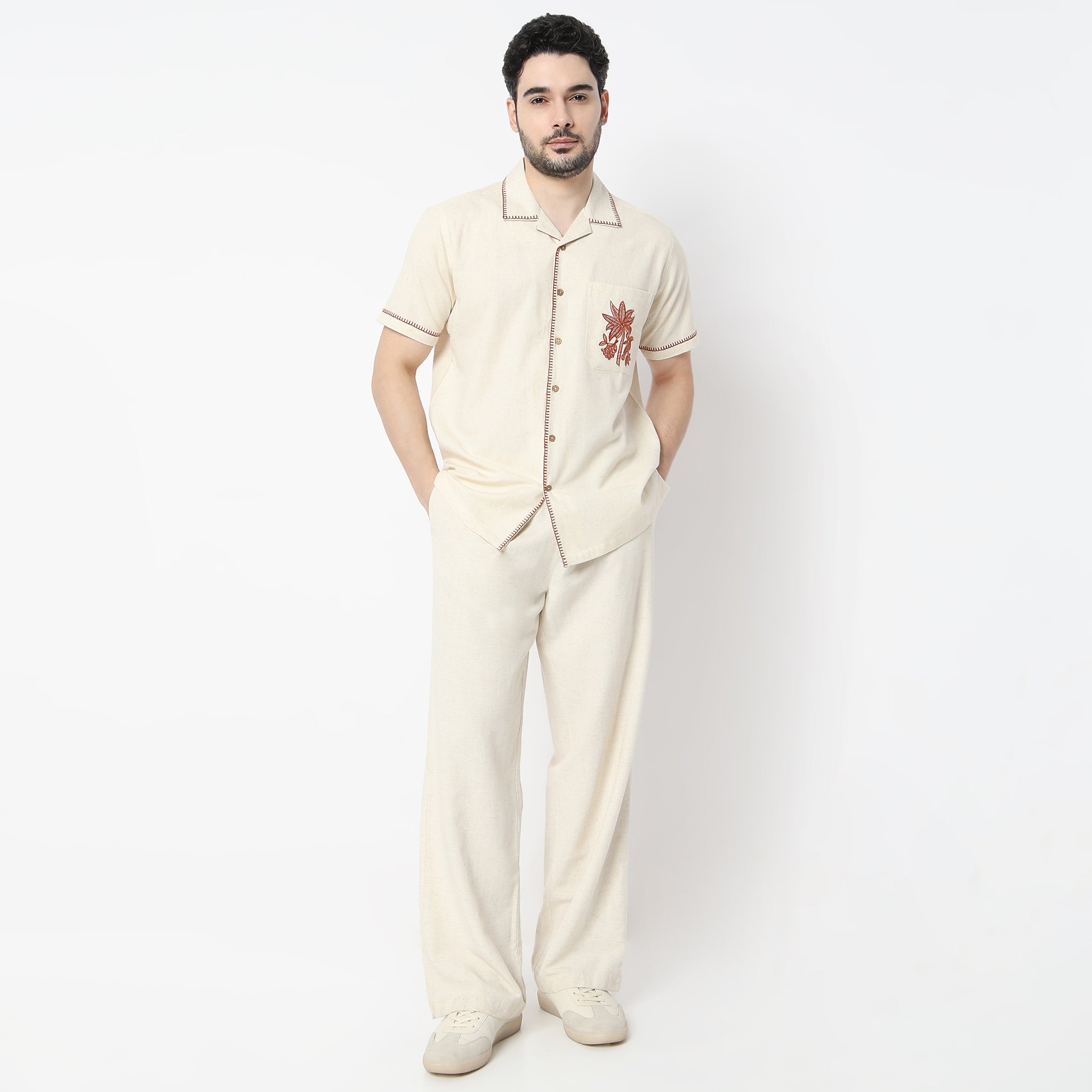 Relaxed Fit Embroidered Camp Collar Shirt