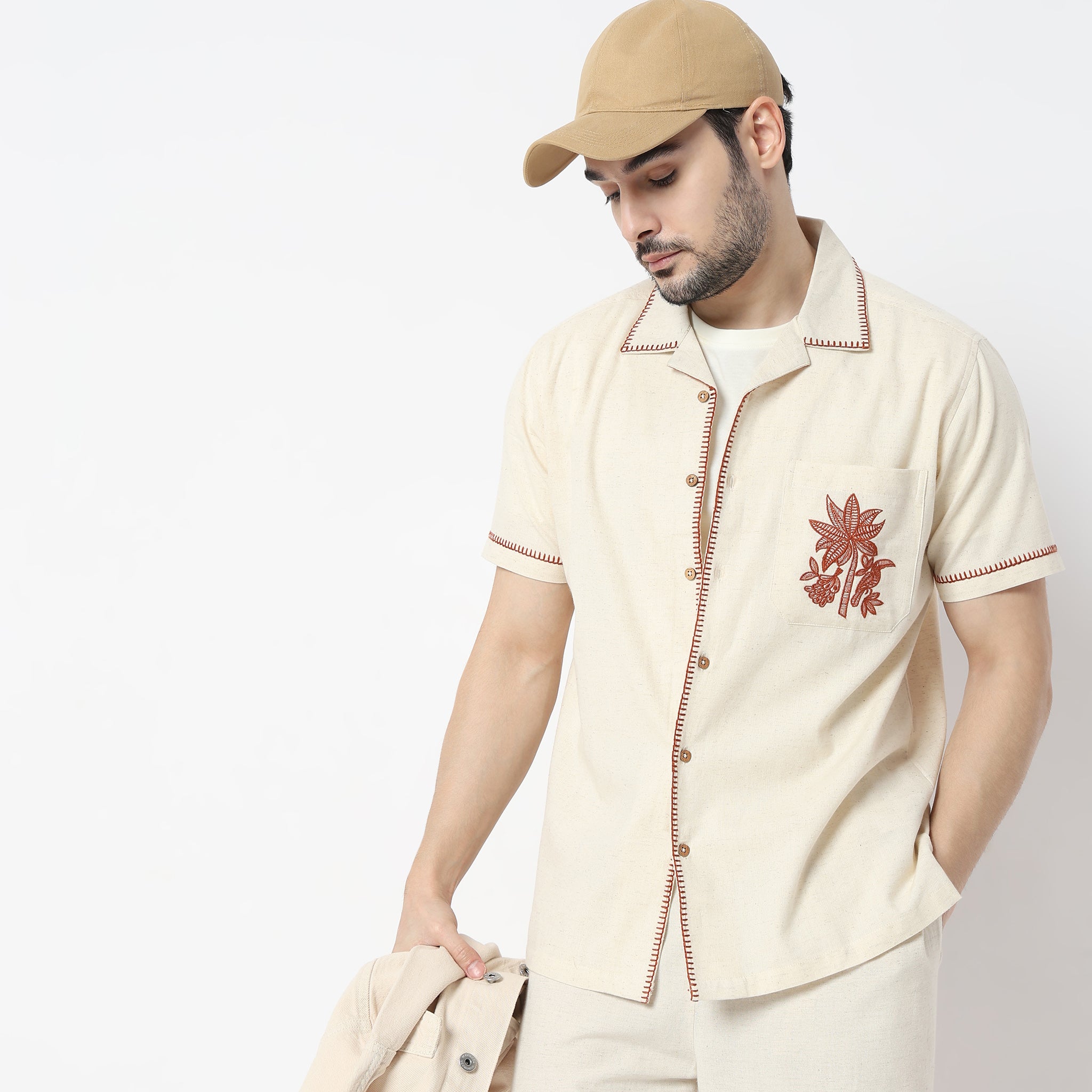 Relaxed Fit Embroidered Camp Collar Shirt