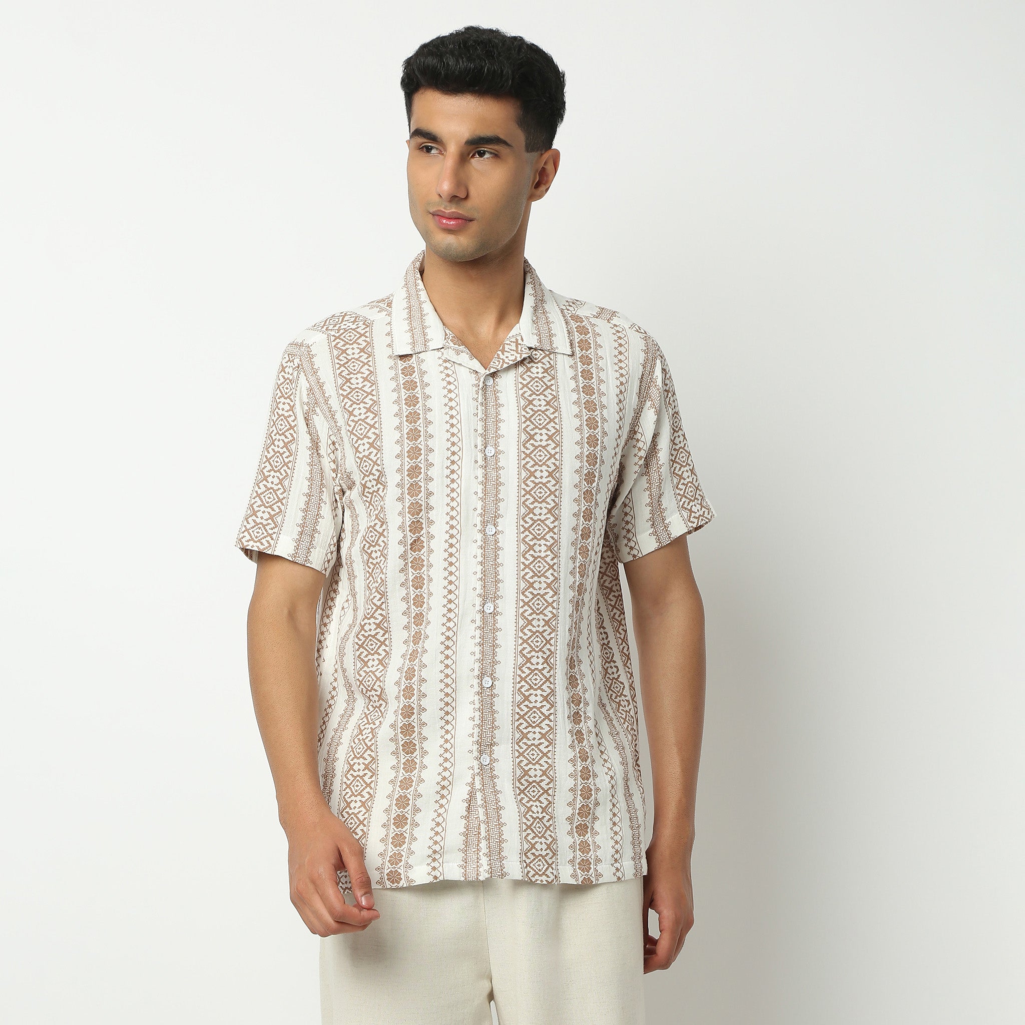Relaxed Fit Printed Camp Collar Shirt