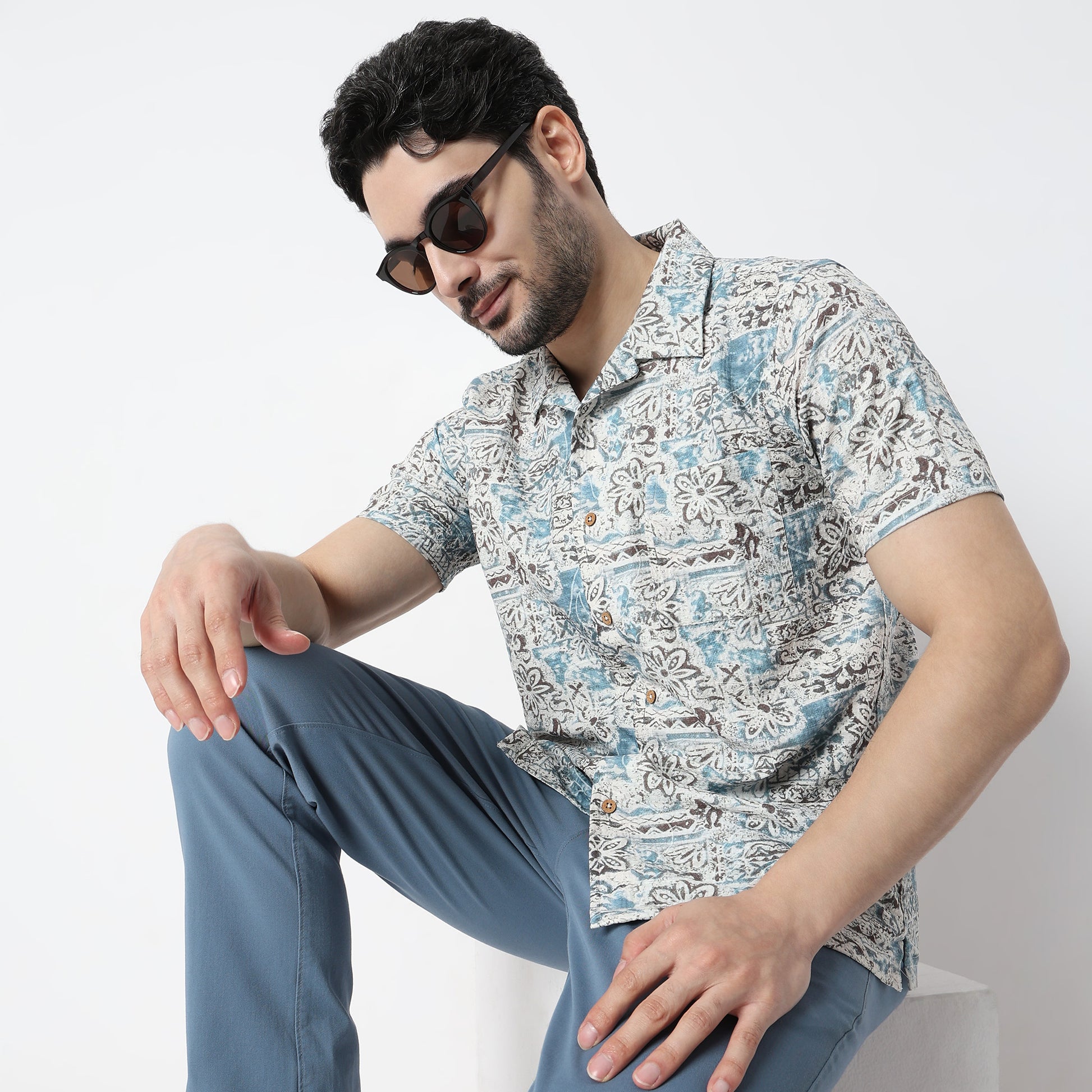 Relaxed Fit Digital Printed Camp Collar Shirt