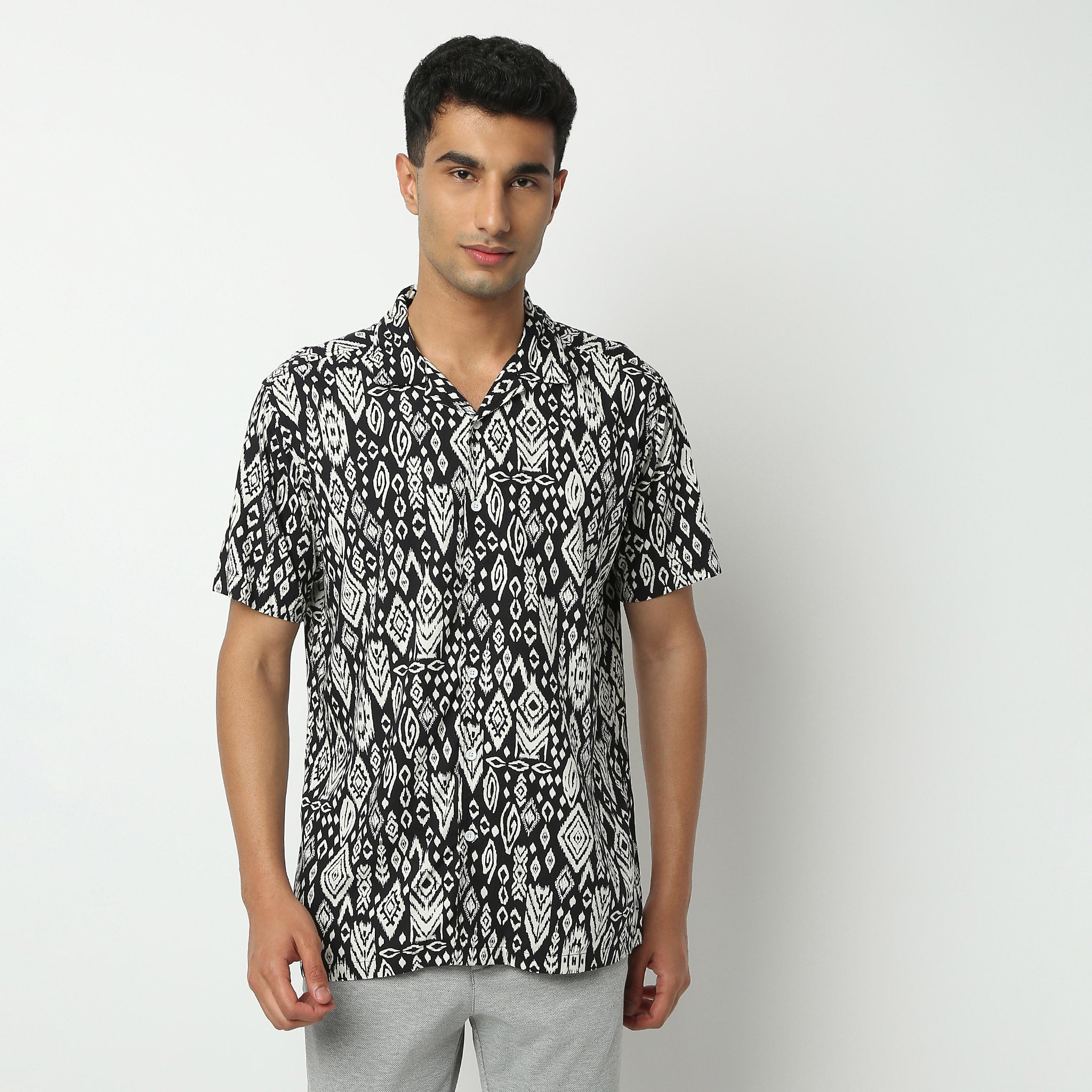 Relaxed Fit Printed Camp Collar Shirt