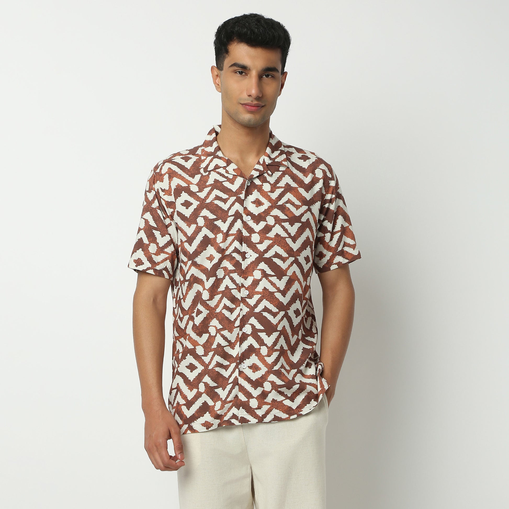 Relaxed Fit Digital Print Camp Collar Shirt