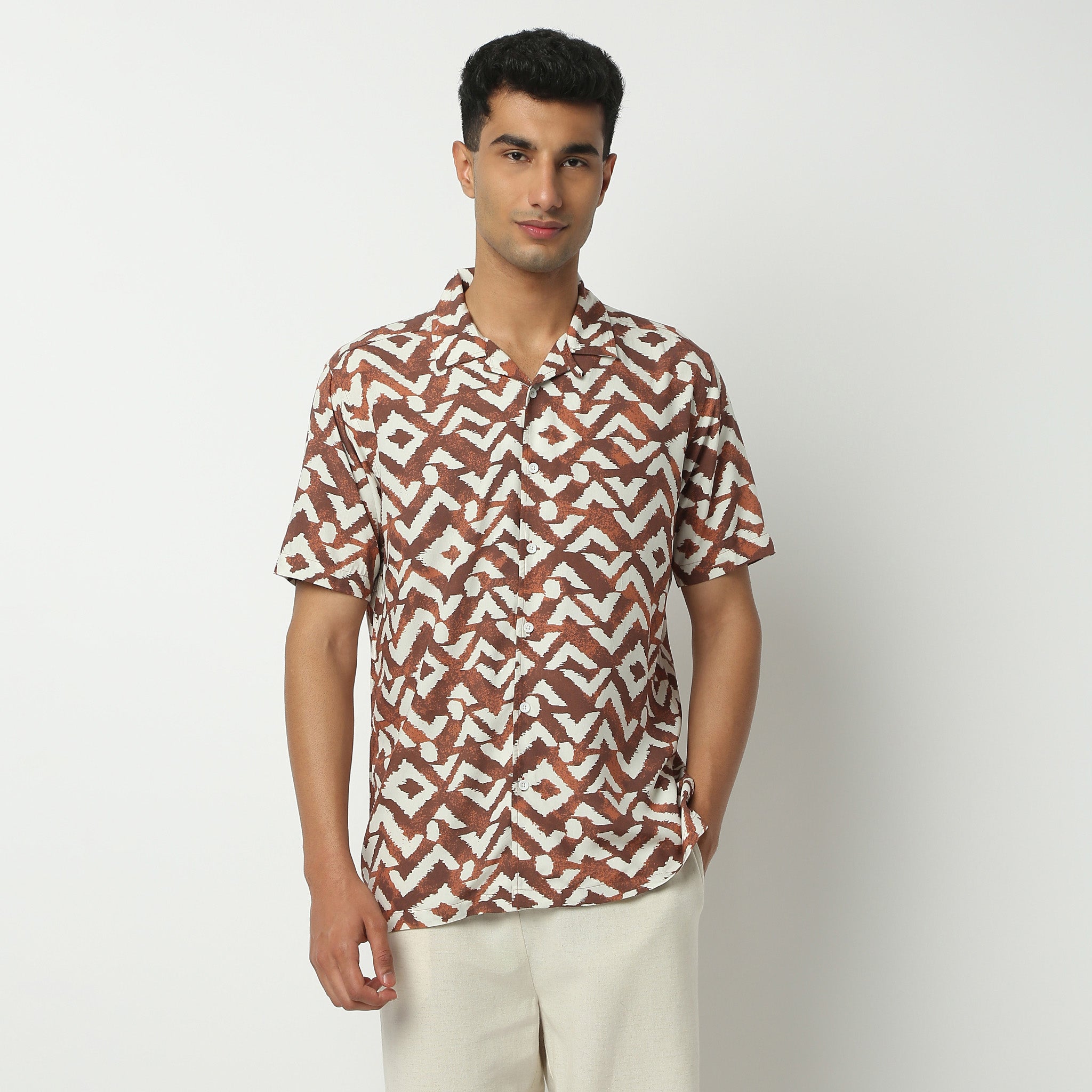 Relaxed Fit Digital Print Camp Collar Shirt