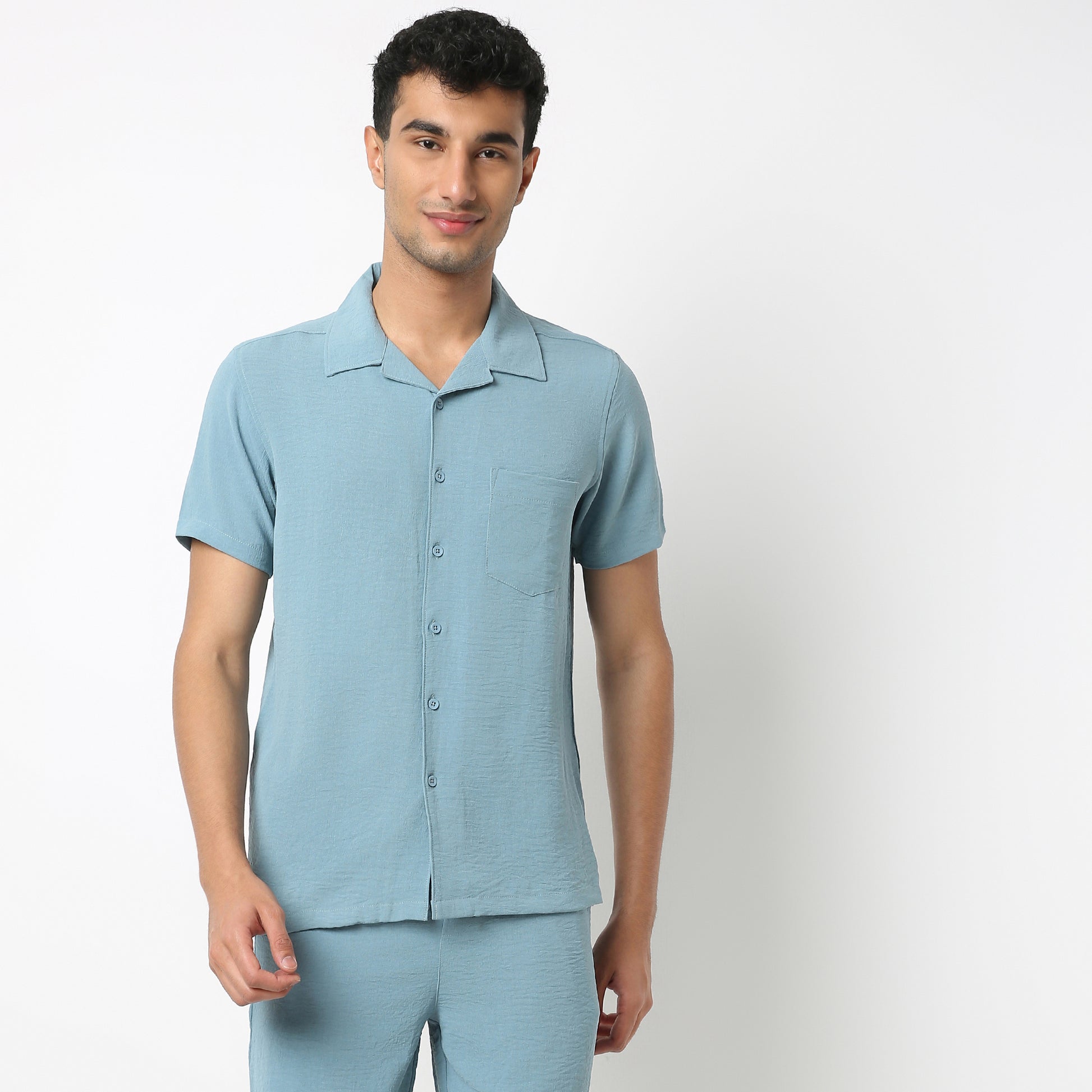 Regular Fit Solid Camp Collar Shirt