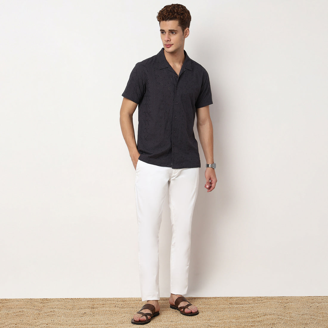 Camp Collar Cuban Schiffli Shirt Half Sleeve Shirt