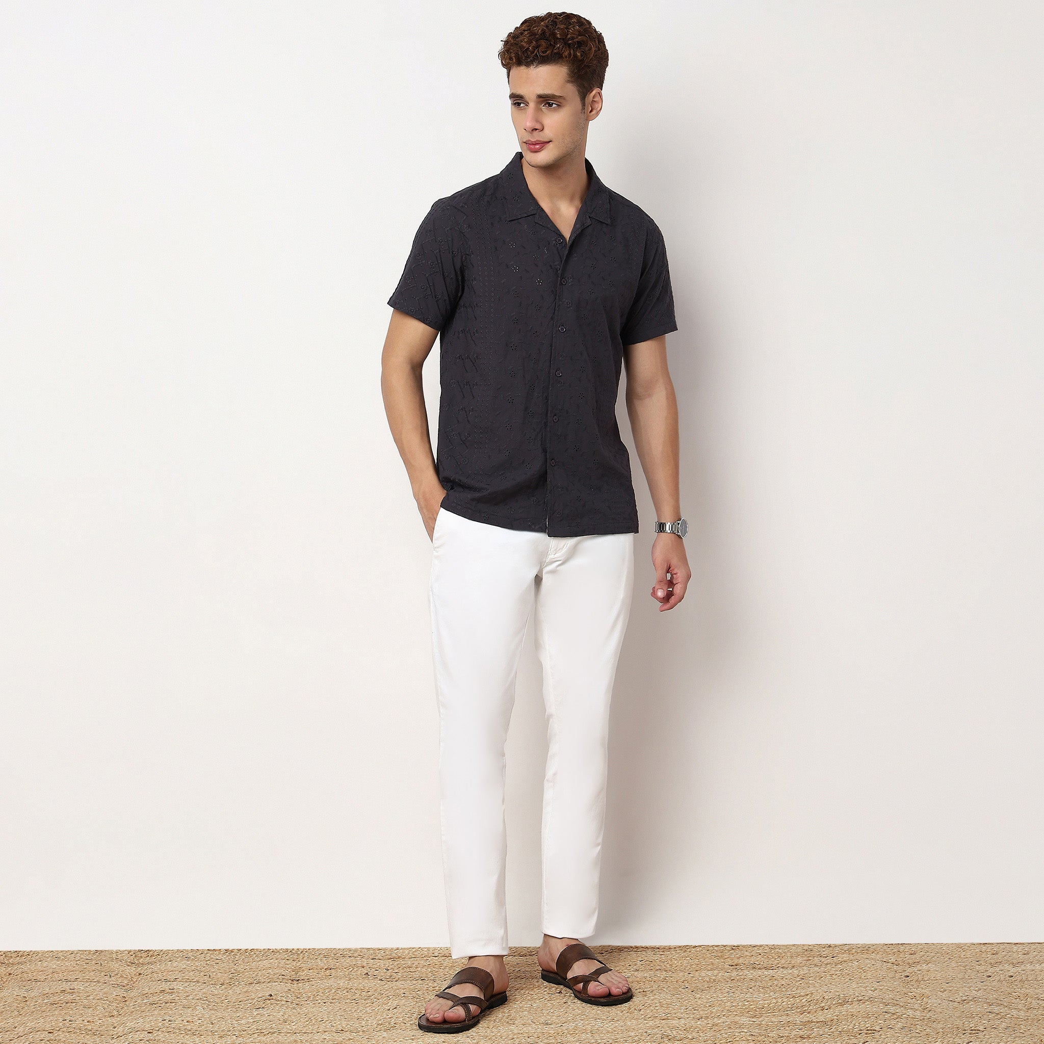 Camp Collar Cuban Schiffli Shirt Half Sleeve Shirt