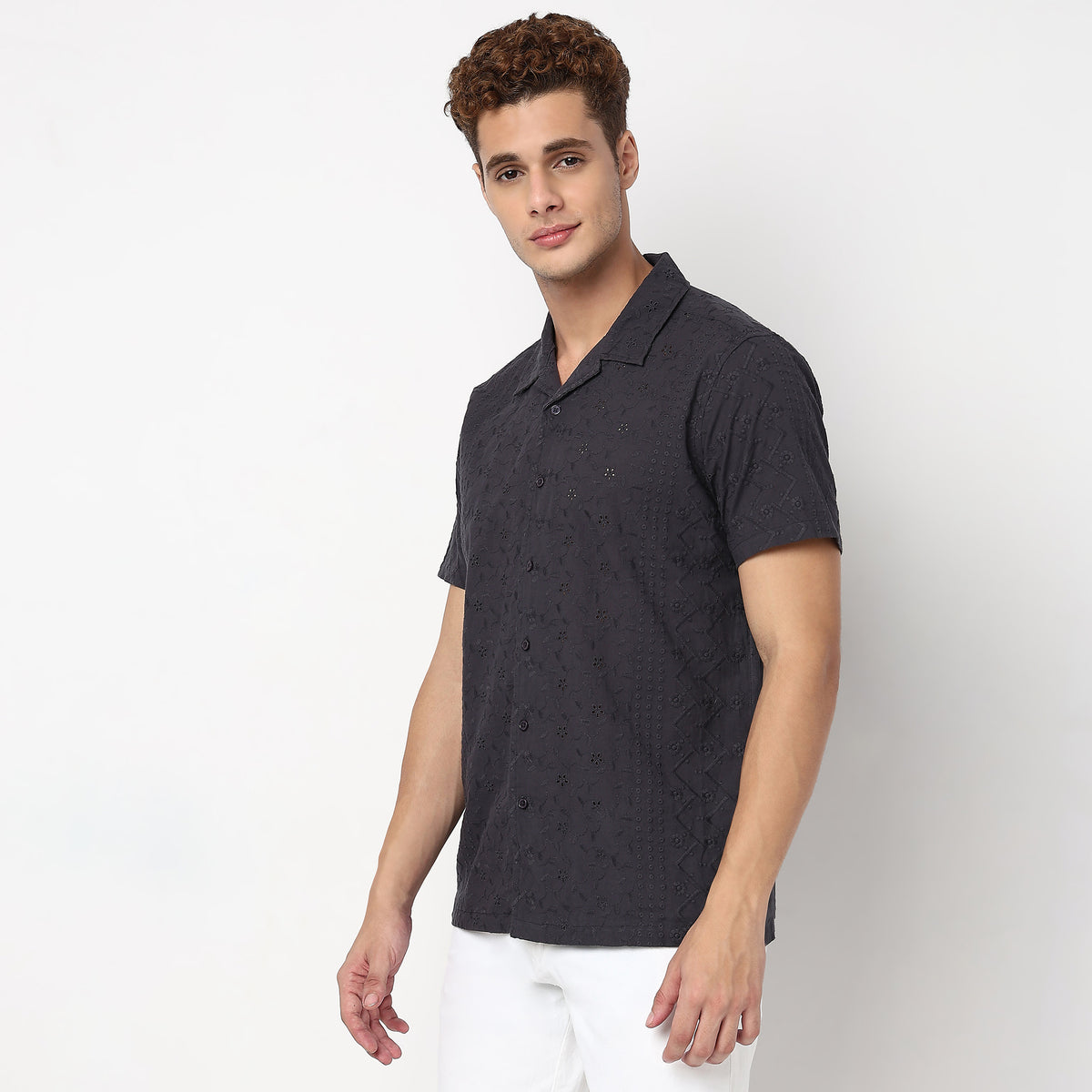 Camp Collar Cuban Schiffli Shirt Half Sleeve Shirt