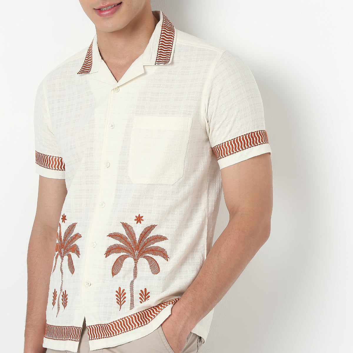 Camp Collar Embroidered Half Sleeve Cuban Shirt