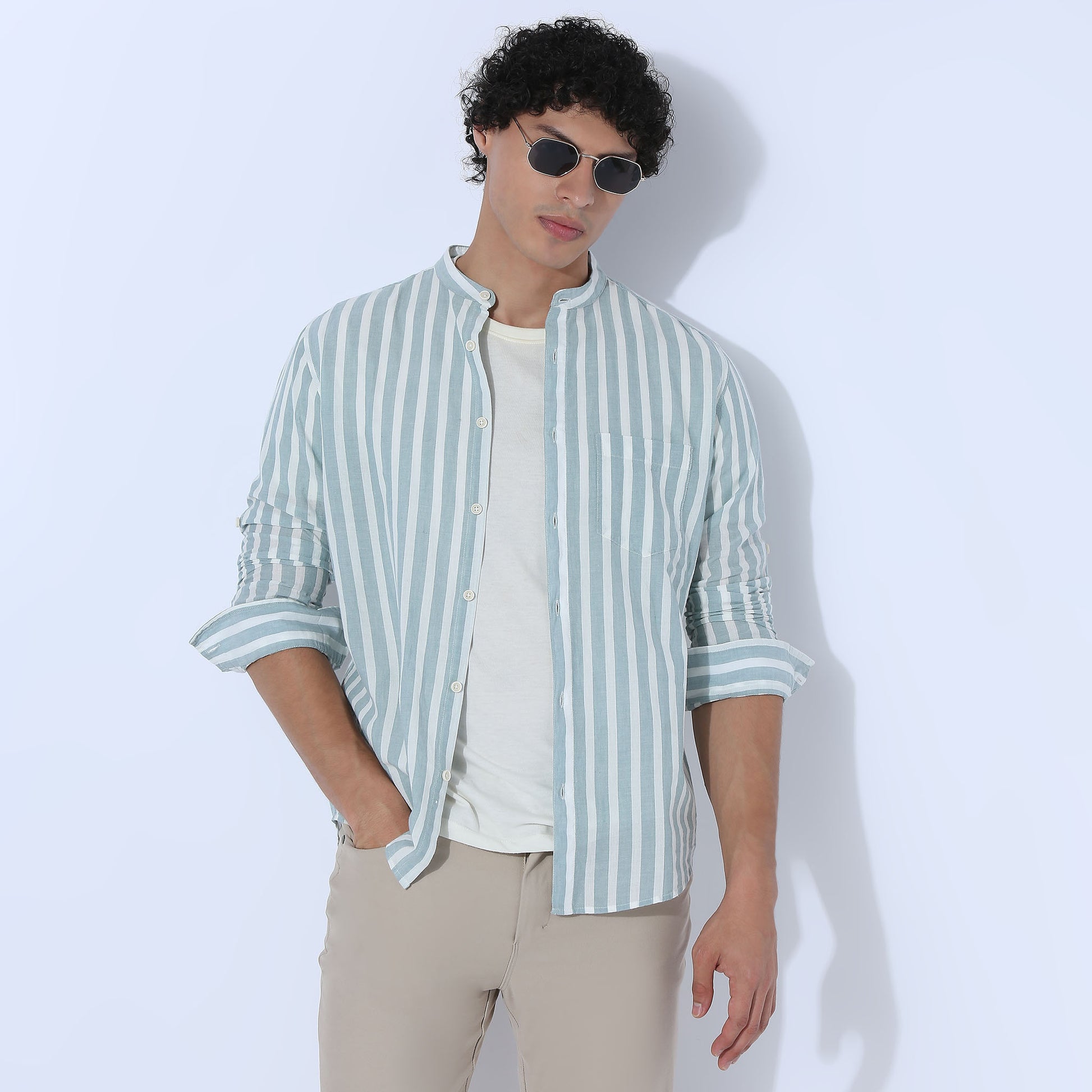 Striped Mandarin Collar Short Length Shirt