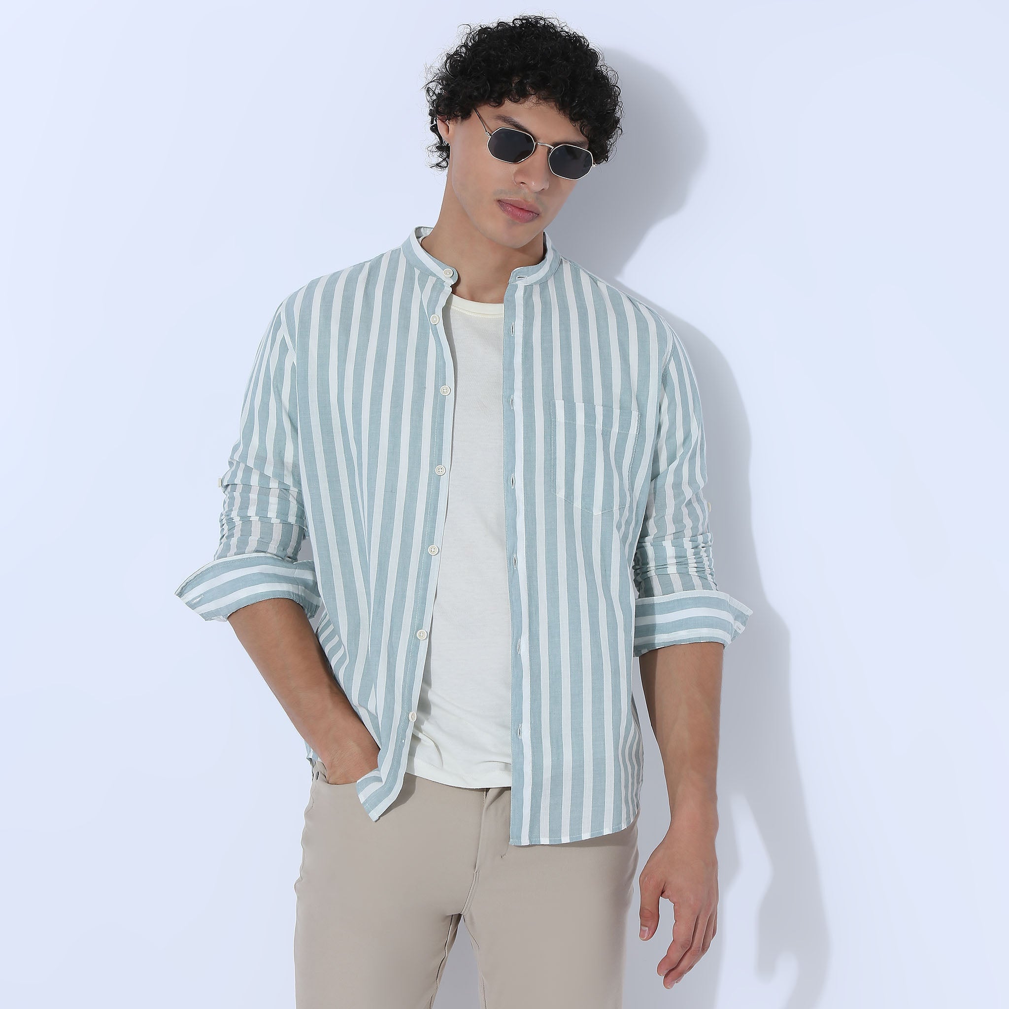 Striped Mandarin Collar Short Length Shirt