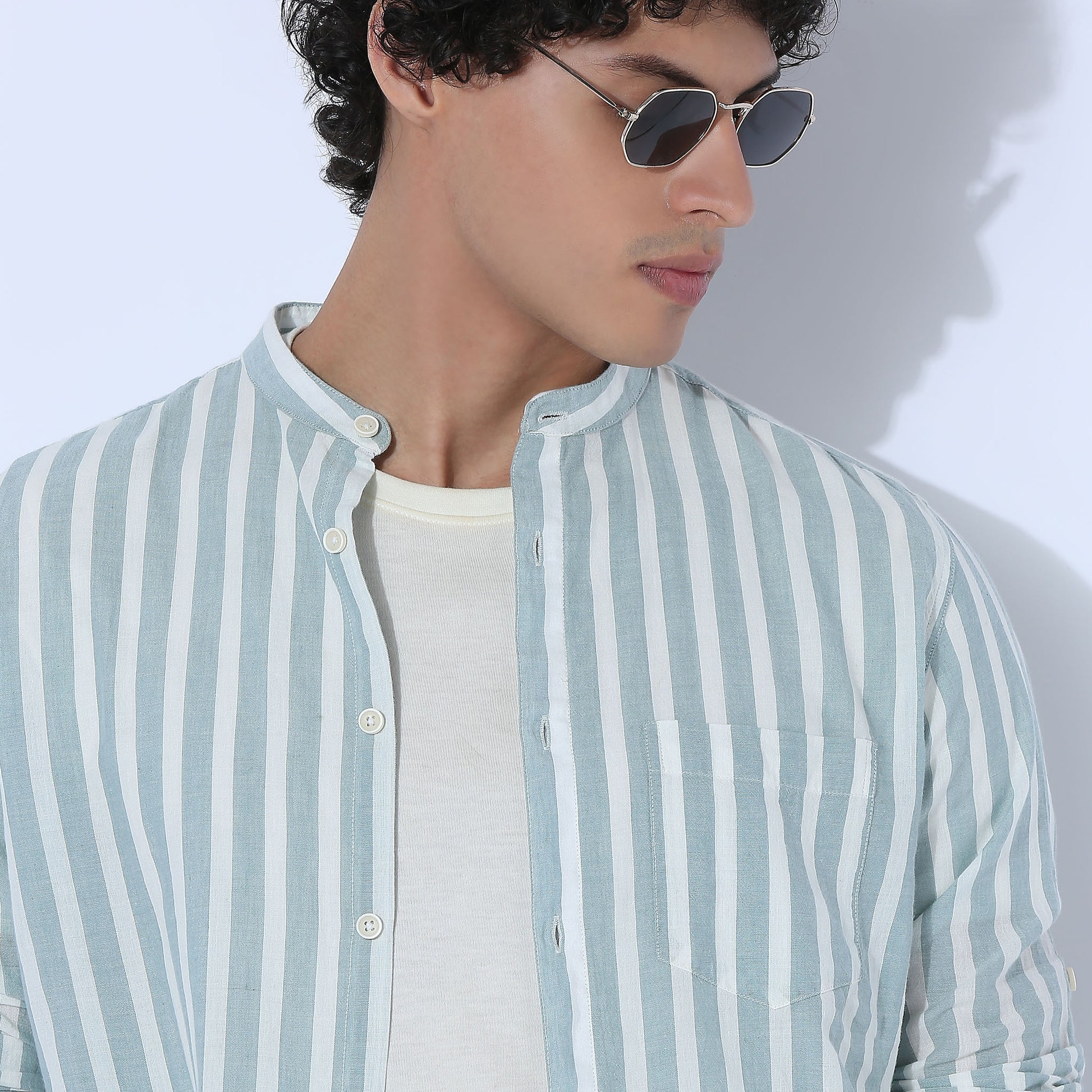 Striped Mandarin Collar Short Length Shirt