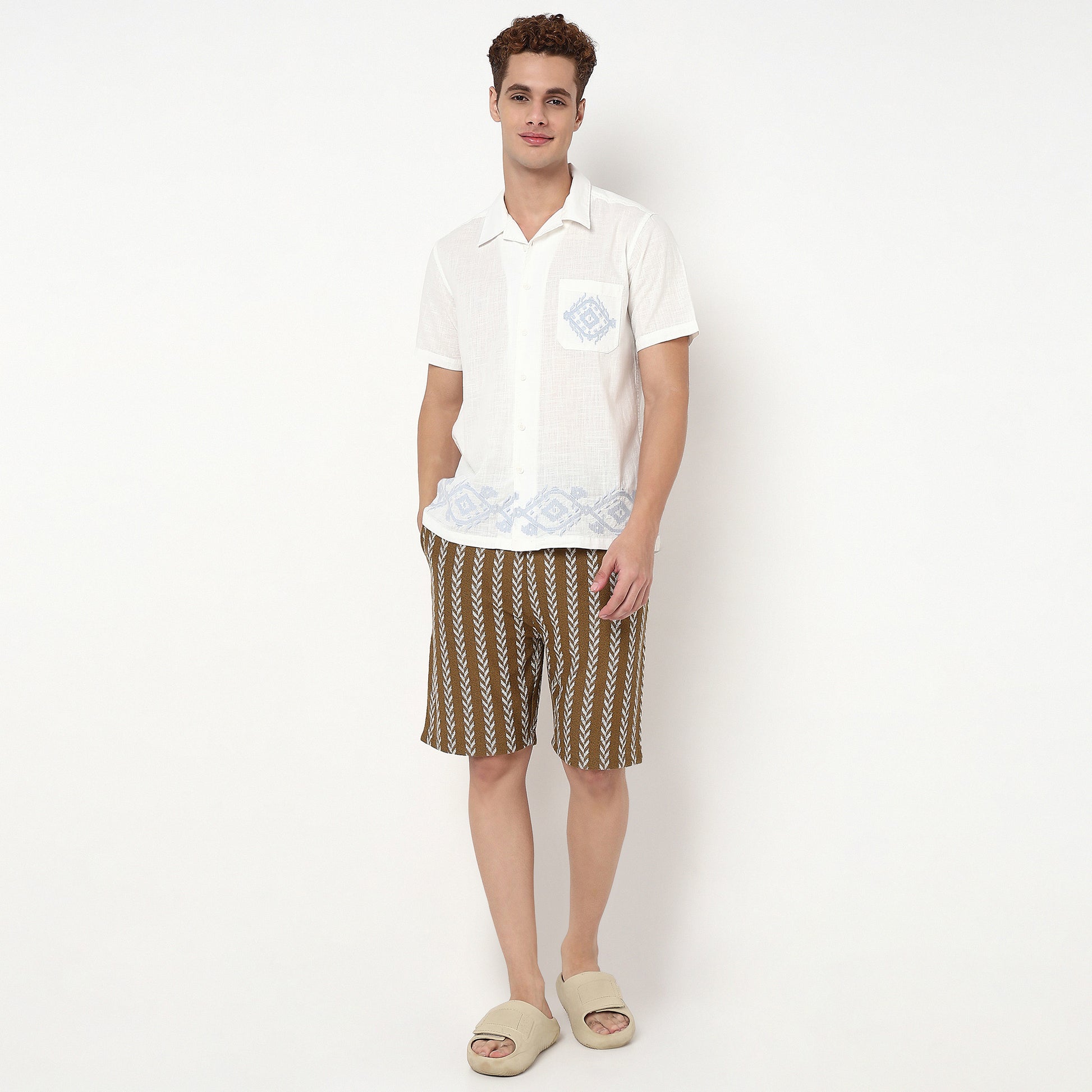 Knitted Embroidered Camp Collar Half Sleeve Shirt