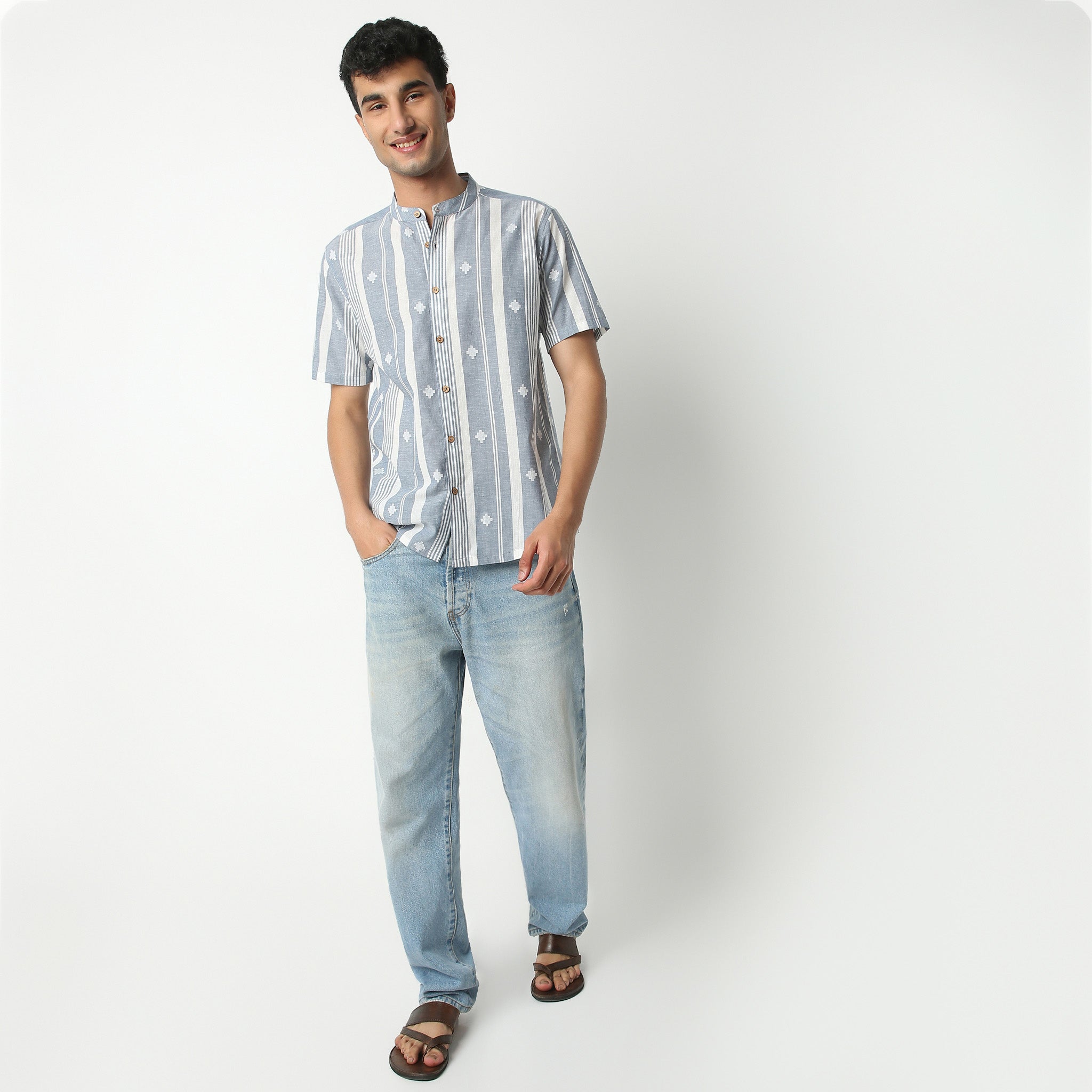 Regular Fit Jacquard Mandarin Collar Short Length Shirt