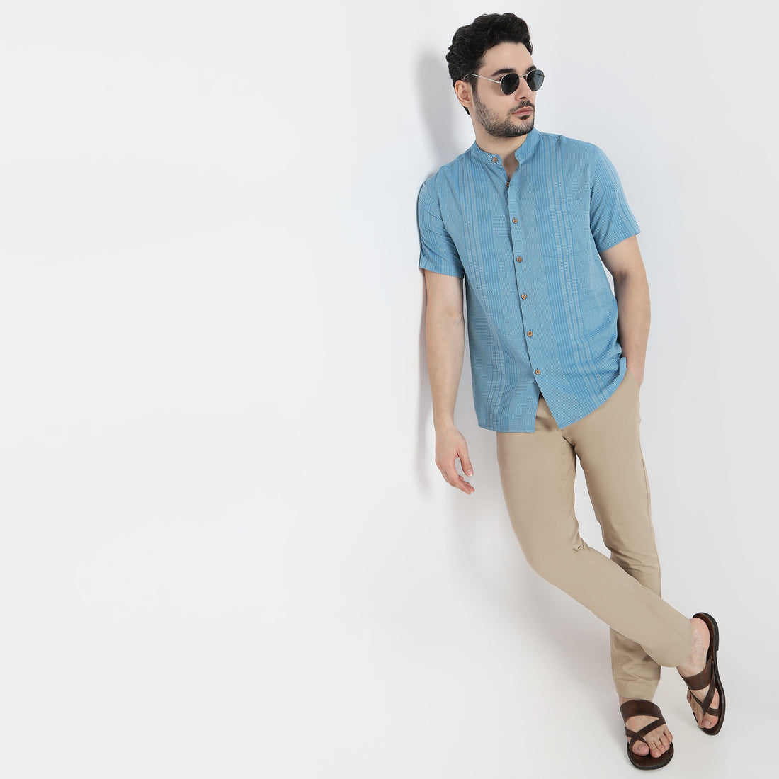 Regular Fit Striped Mandarin Collar Shirt
