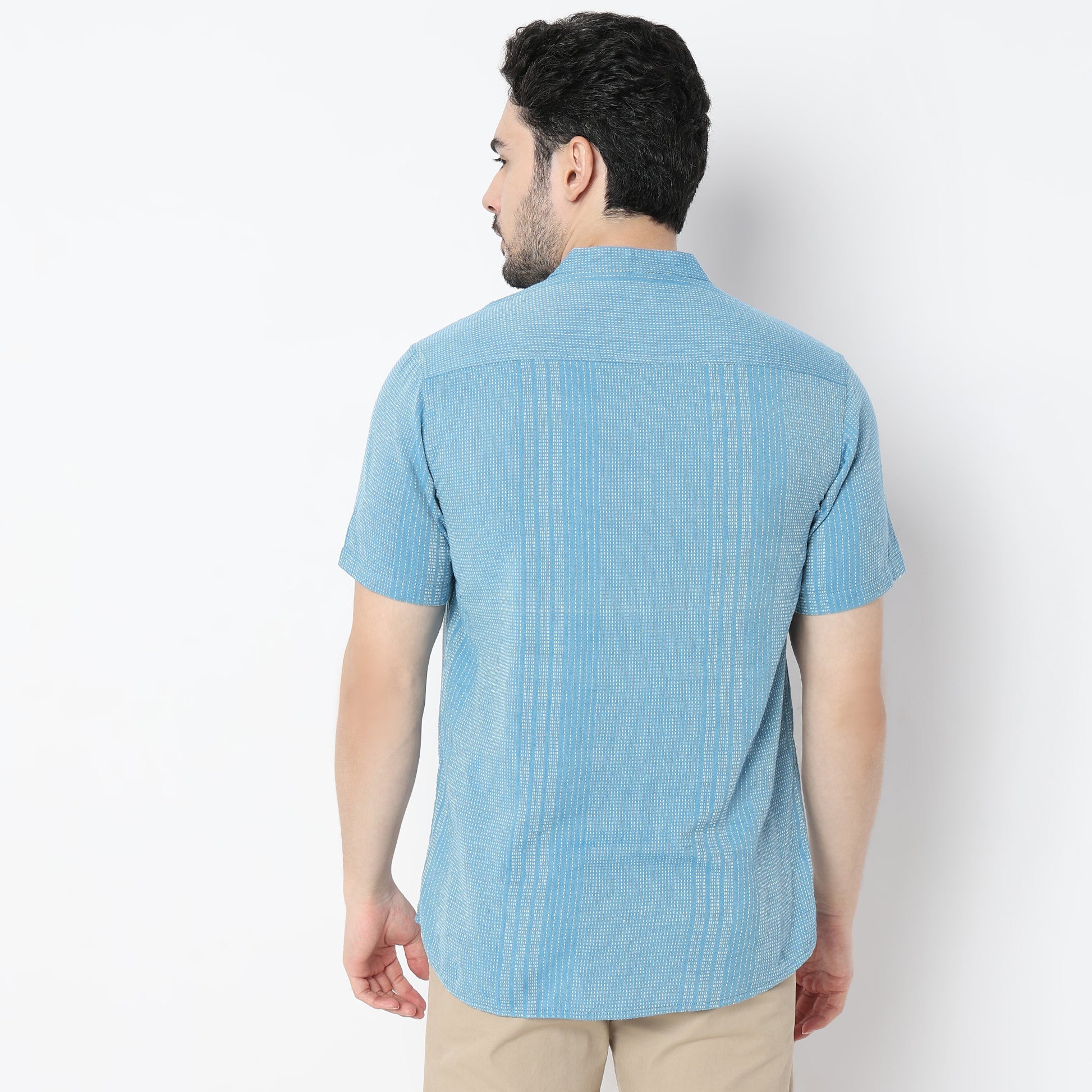 Regular Fit Striped Mandarin Collar Shirt