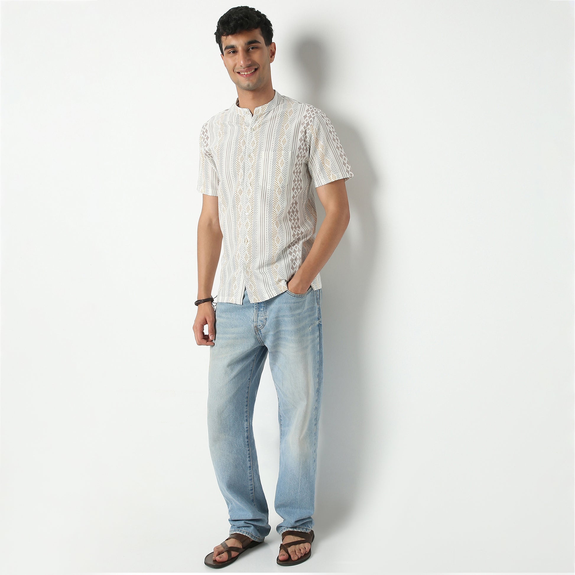 Regular Fit Printed Mandarin Collar Short Length Shirt