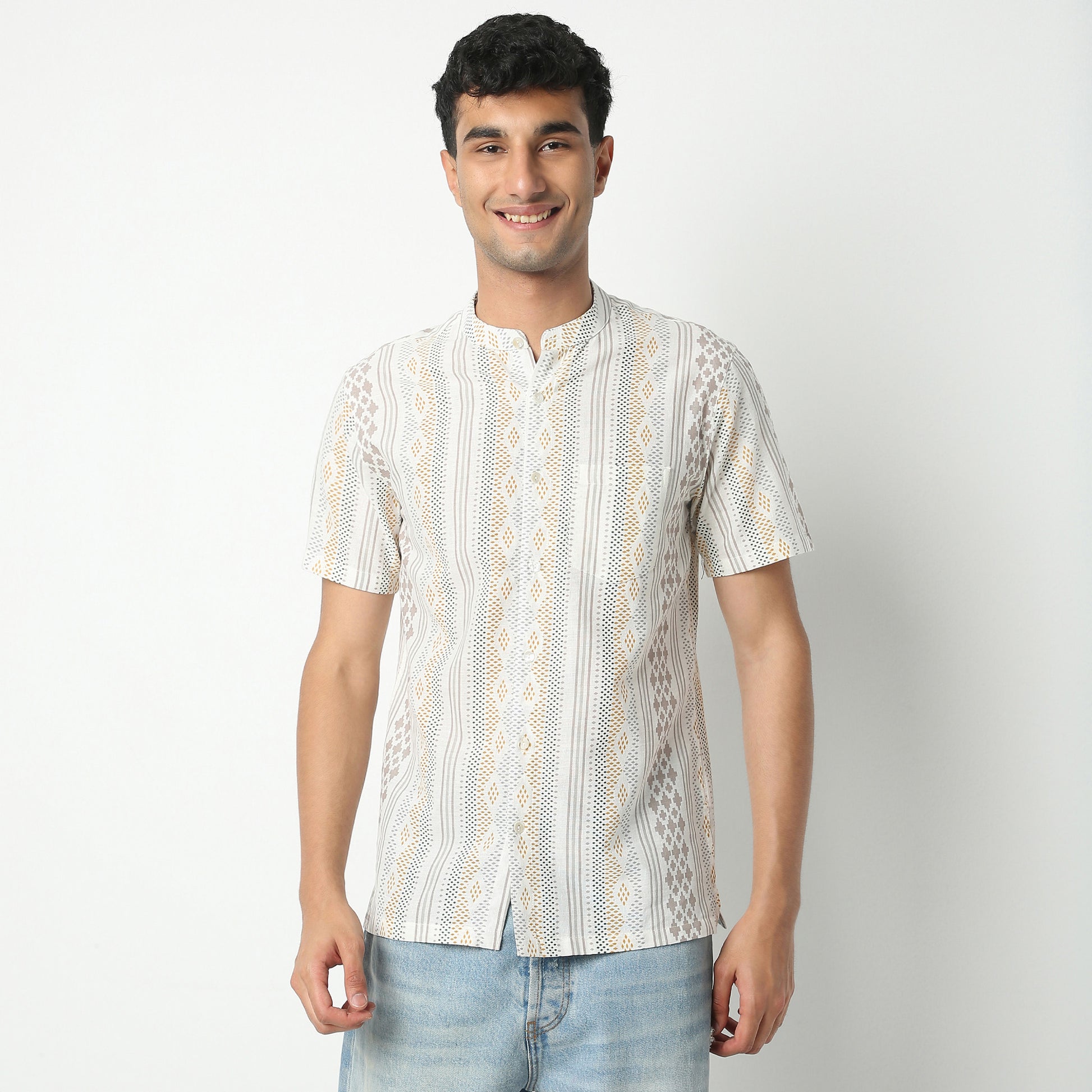 Regular Fit Printed Mandarin Collar Short Length Shirt